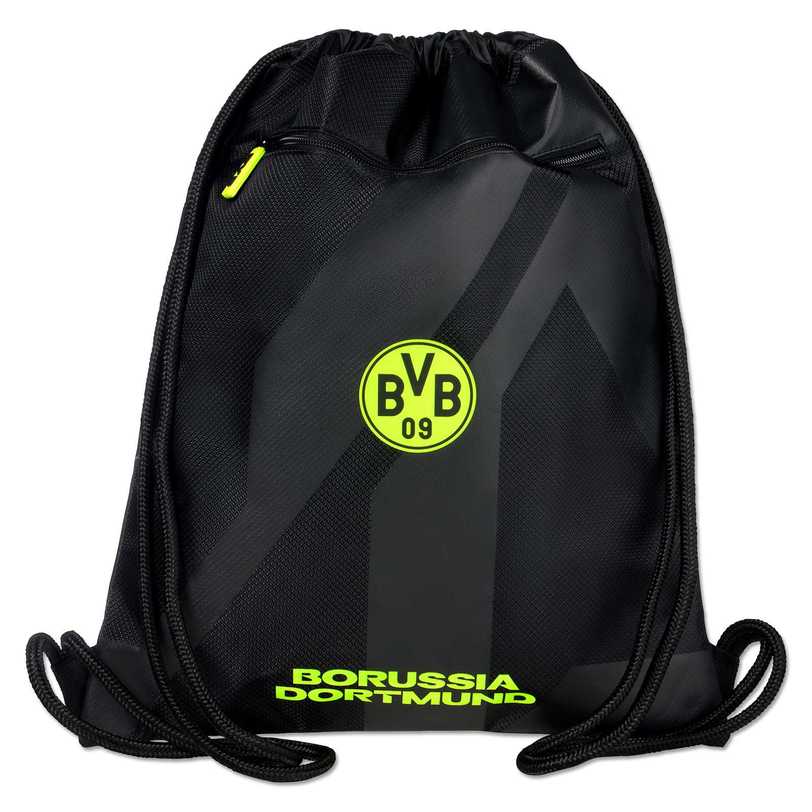 Vorderansicht des schwarzen Turnbeutels mit BVB-Emblem und Borussia Dortmund-Schriftzug in Neon.