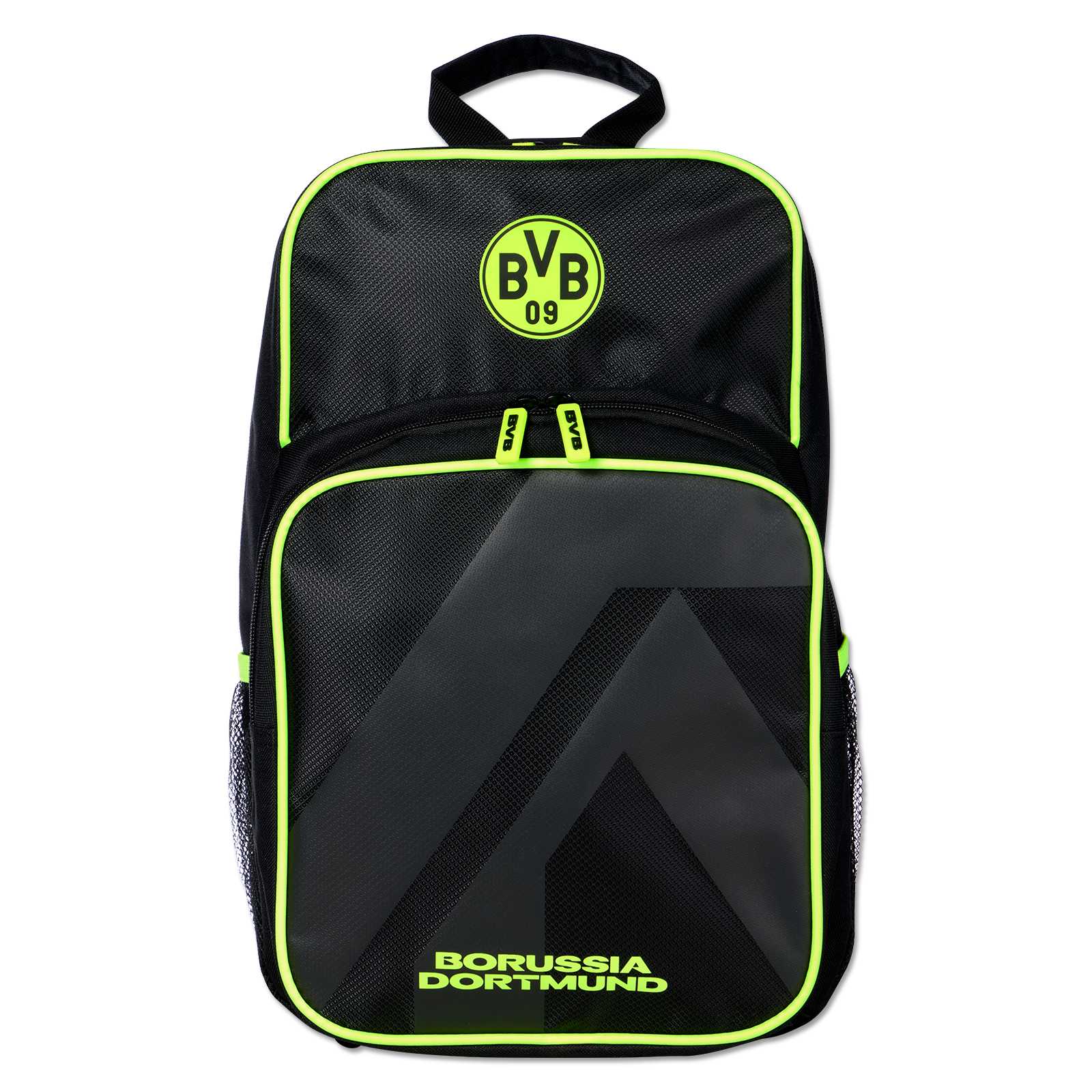 Vorderansicht des schwarzen Rücksacks mit neon-farbeneem BVB-Emblem auf der Oberseite sowie Borussia Dortmund-Schriftzug und und Ziernähten in Neon.