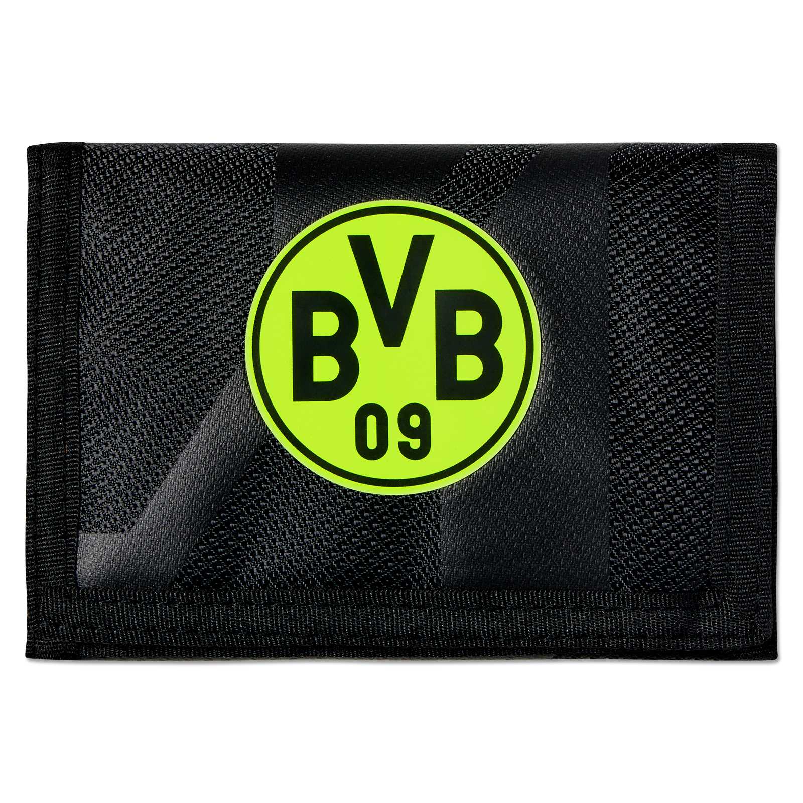 Die Foderseite der schwarzen Geldbörse mit neonfarbenem BVB-Logo