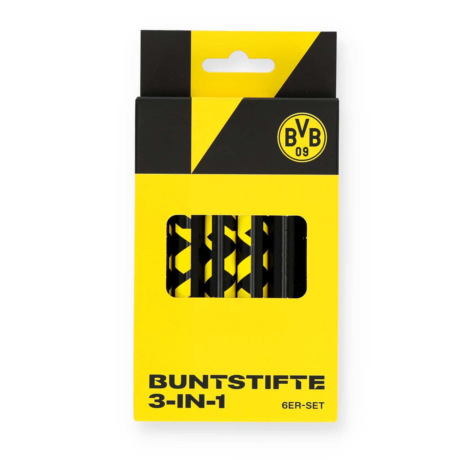 Vorderansicht eines schwarzgelben BVB-Buntstifte-Sets im 3-in-1-Design mit sechs Stiften in einer gelben Verpackung mit BVB-Logo.