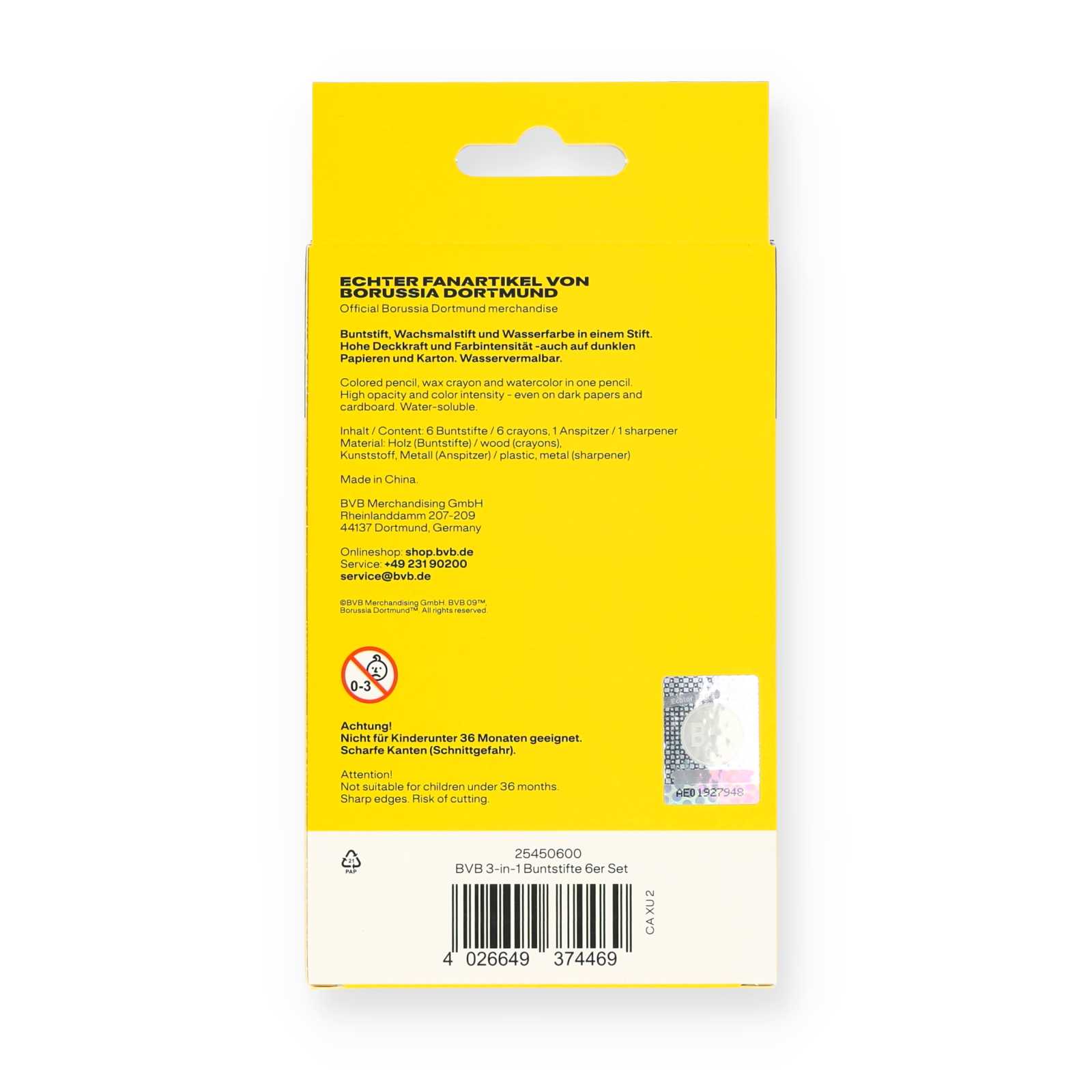 Rückansicht der gelben Verpackung des BVB-Buntstifte-Sets 3-in-1 mit Produktinformationen, Barcode und Sicherheitshinweisen.