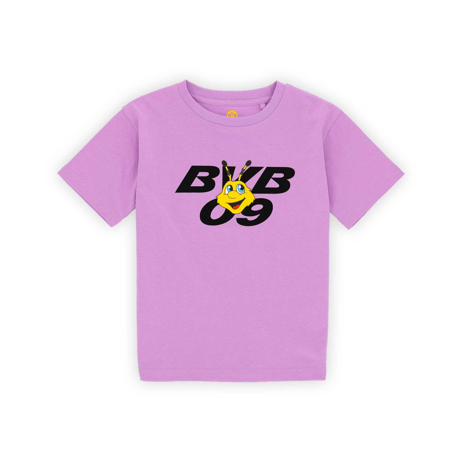 Vorderansicht des lila T-Shirts mit schwarzem BVB 09 Schriftzuges und kleinem EMMA-Kopf