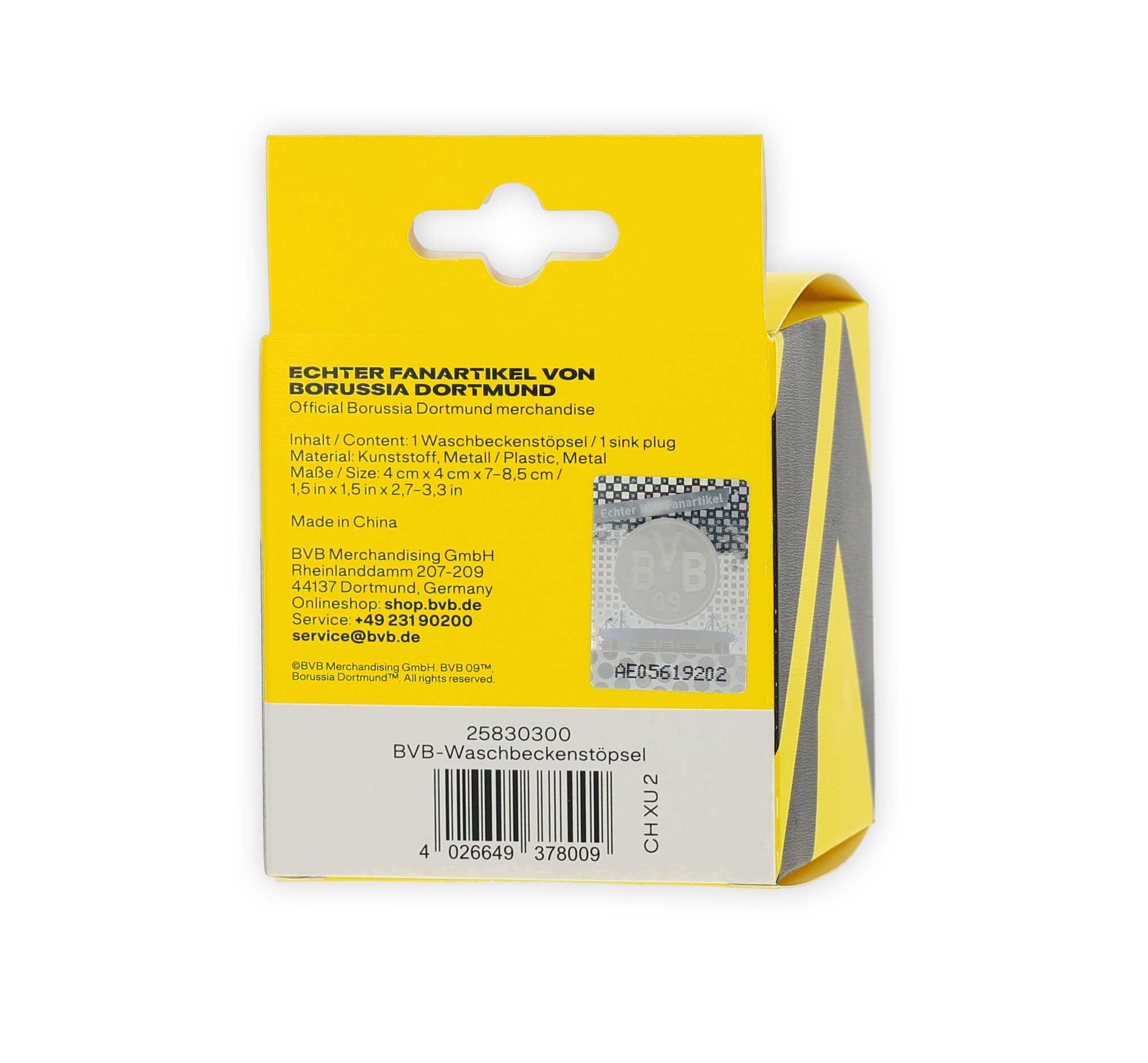 Rückaufnahme der schwarzgelben Verpackung des BVB Waschbeckenstöpsels.