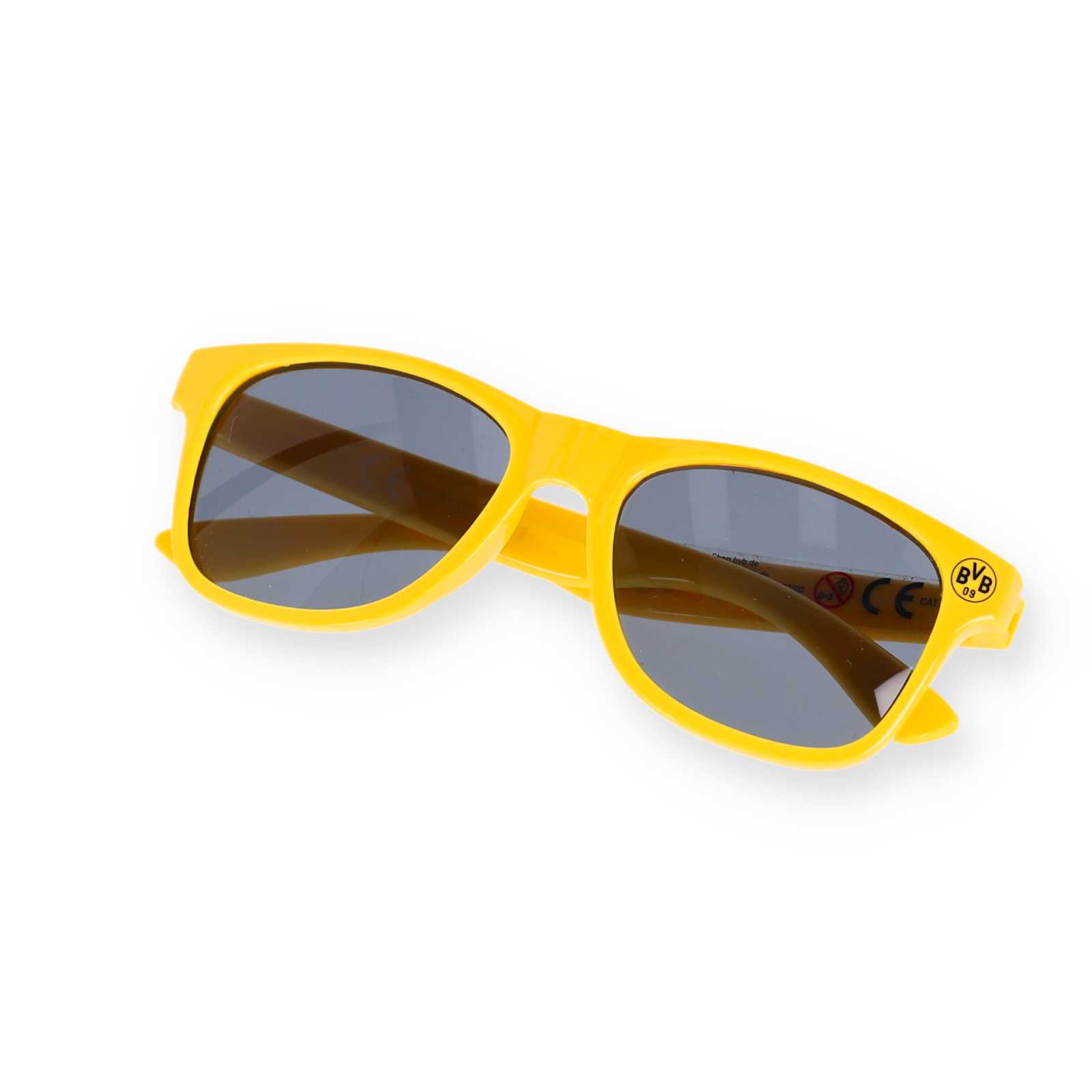 Gelbe Sonnenbrille mit dunklen Gläsern und kleinem BVB-Logo in der oberen Ecke.