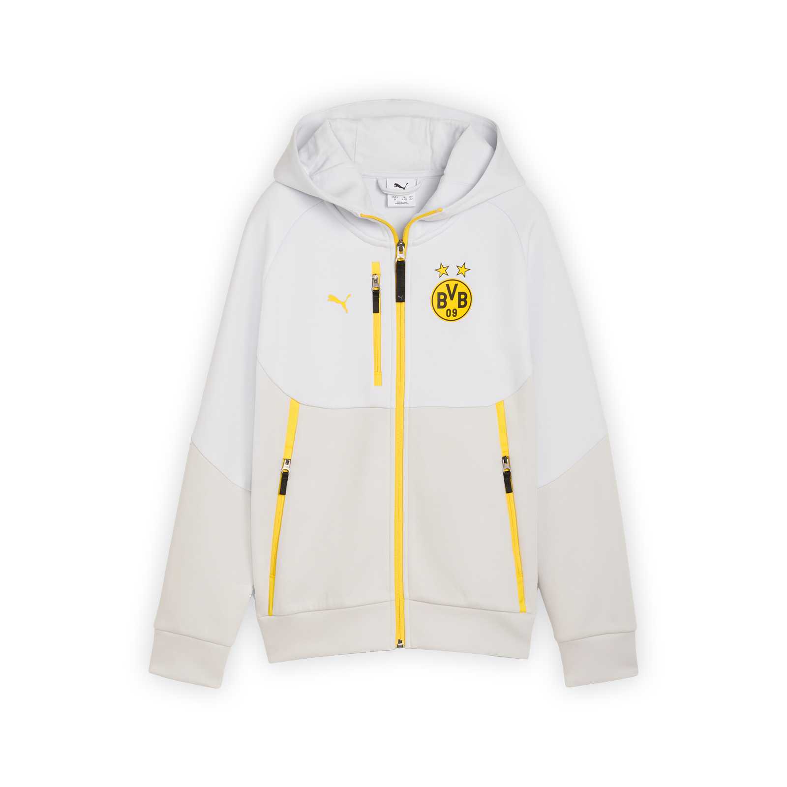 Vorderansicht der weiße BVB-Sweatjacke von PUMA mit gelben Reißverschlüssen und Logos.
