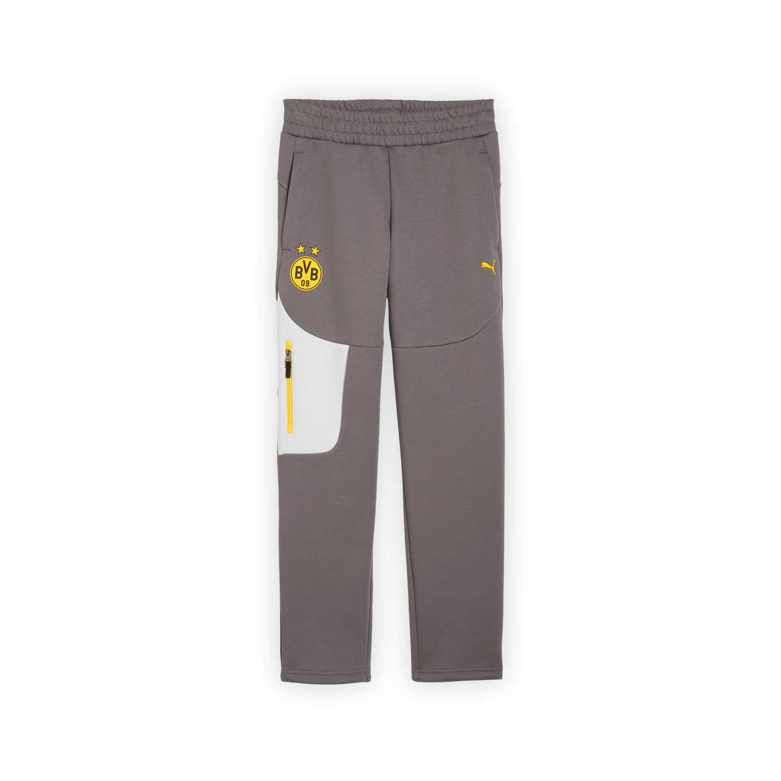 Vorderansicht der grauen BVB-Hose von PUMA mit gelbem Reißverschluss und Logos.