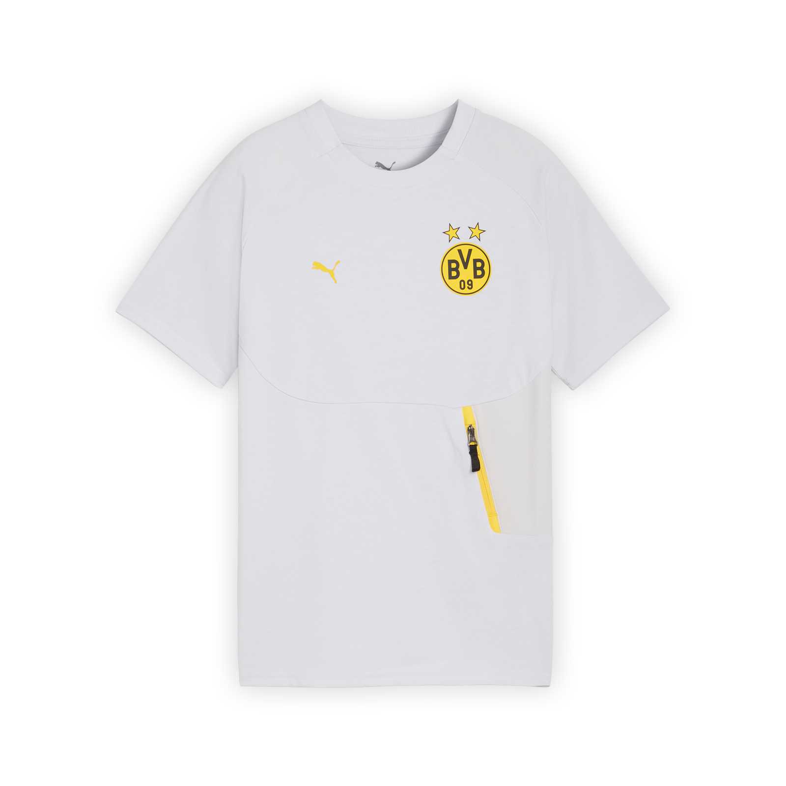 Vorderansicht des weißen BVB-Shirts von PUMA mit gelbem Reißverschluss und Logos.