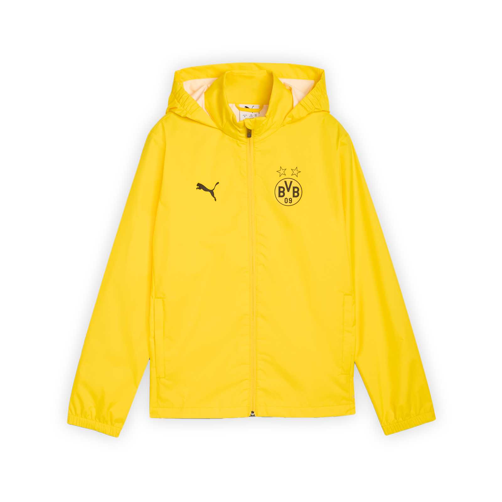 Frontansicht der gelben BVB-Trainingsjacke mit Kapuze von PUMA und Logos.