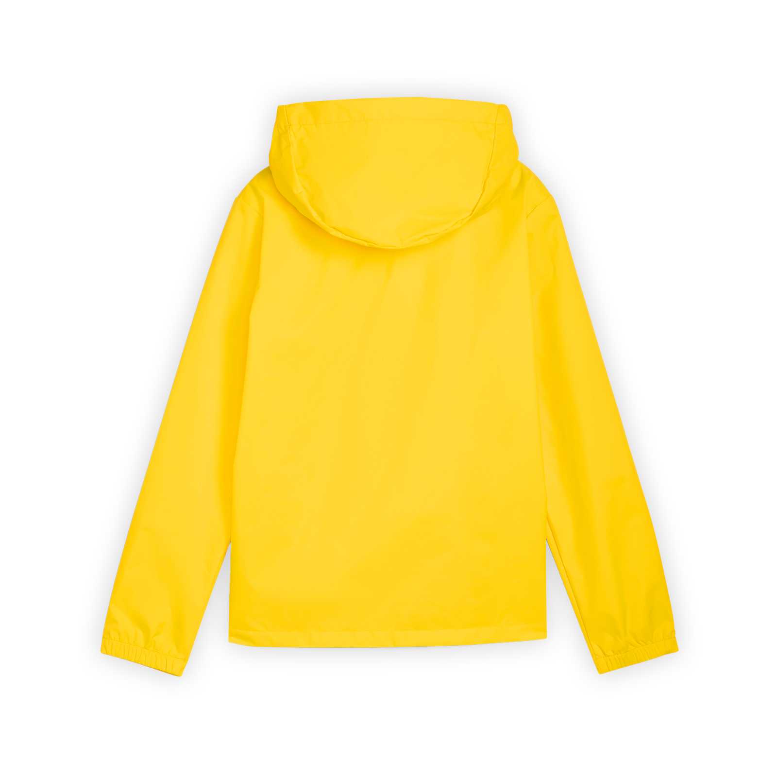 Hinteransicht der gelben BVB-Trainingsjacke mit Kapuze von PUMA und Logos.
