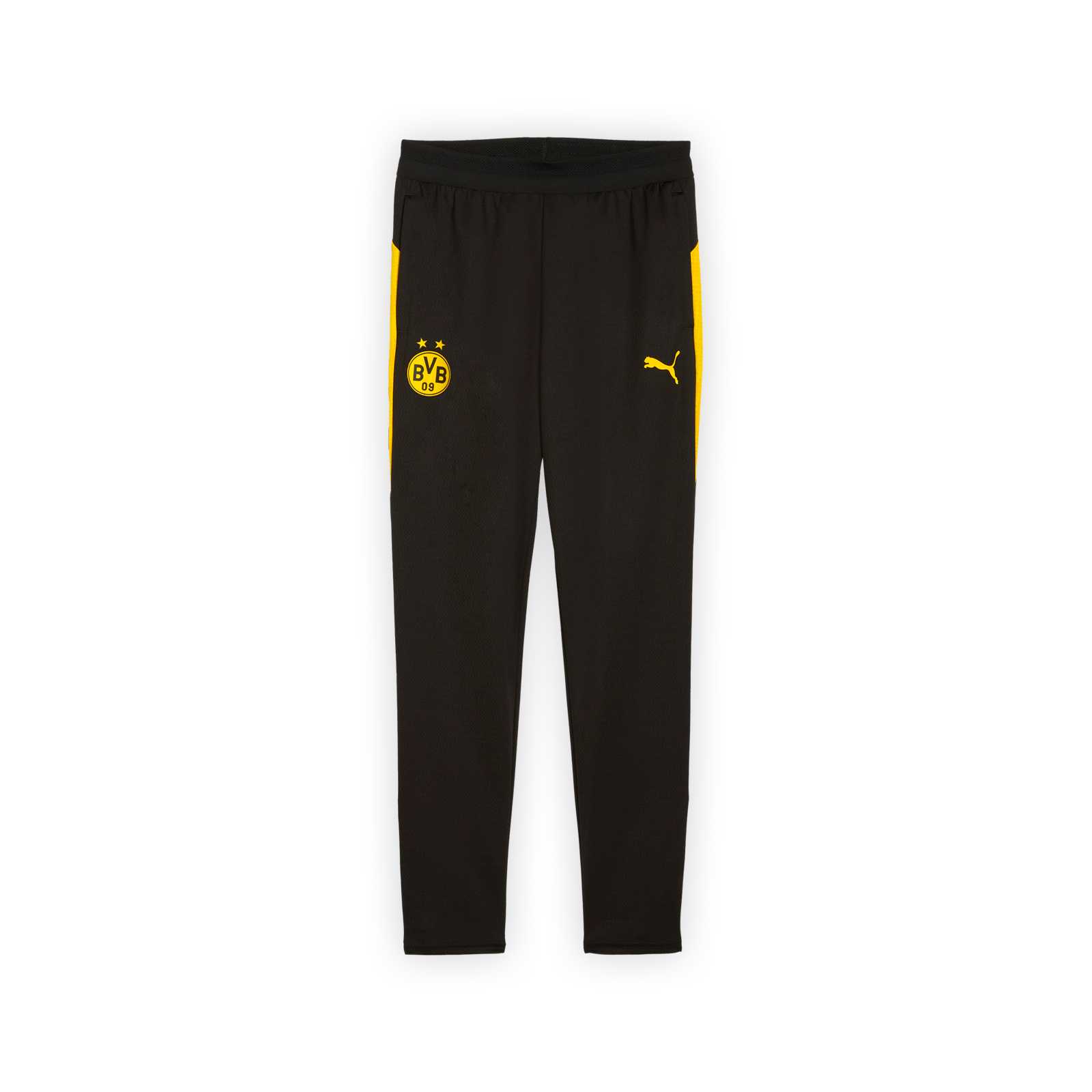 Vorderansicht der schwarzen BVB-Trainingshose von PUMA mit gelben Streifen an den Taschen und Logos von BVB und PUMA.