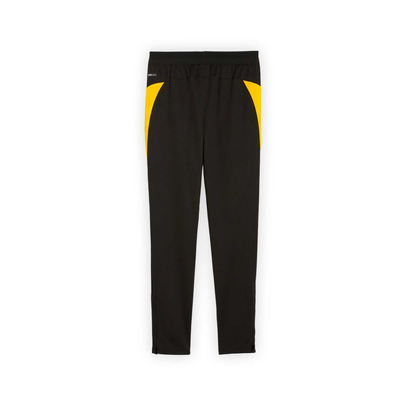 Rückansicht der schwarzen BVB-Trainingshose von PUMA mit gelben Streifen an den Taschen.