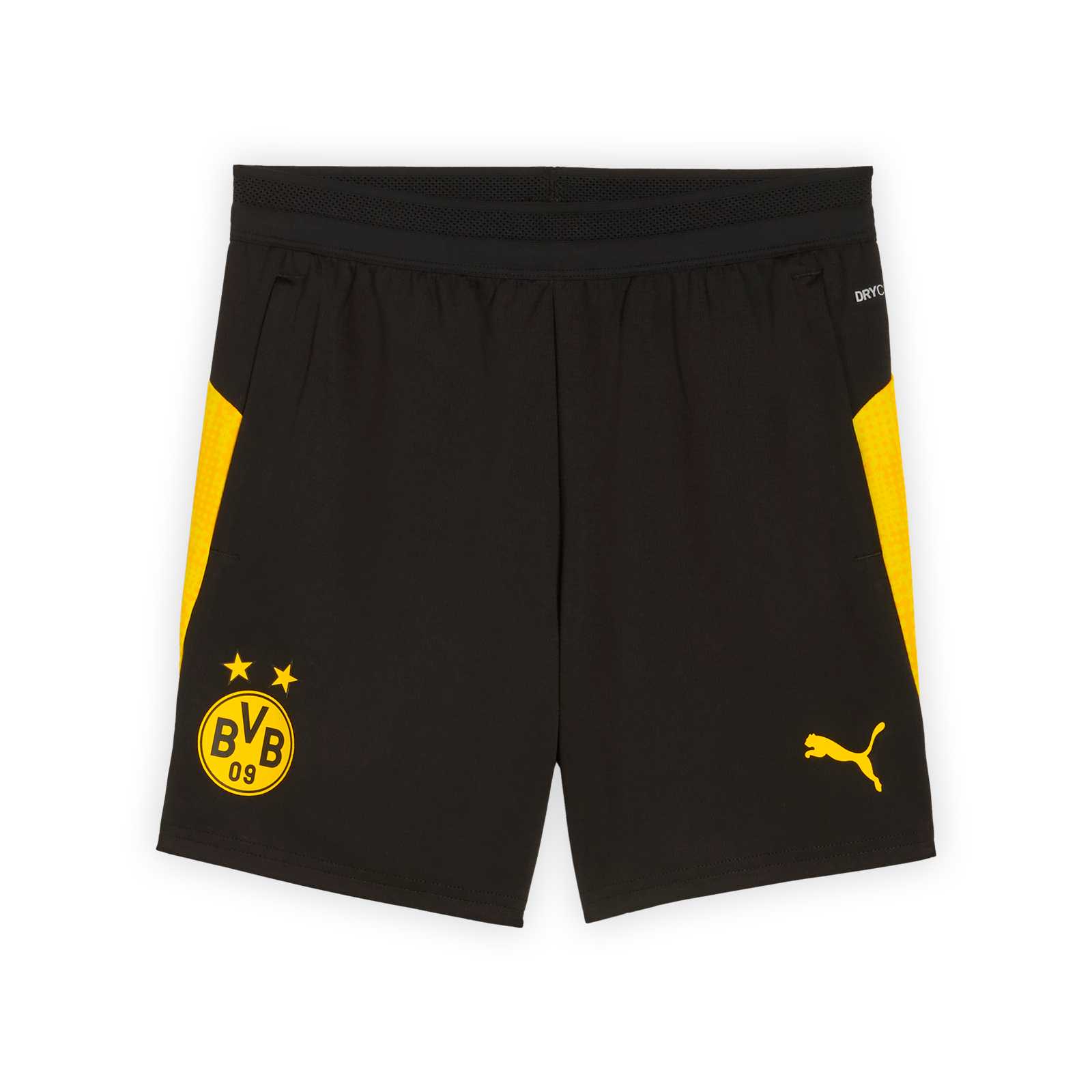 Vorderansicht der schwarzen BVB-Trainingshort von PUMA mit gelben Streifen an den Taschen und Logos von BVB und PUMA.