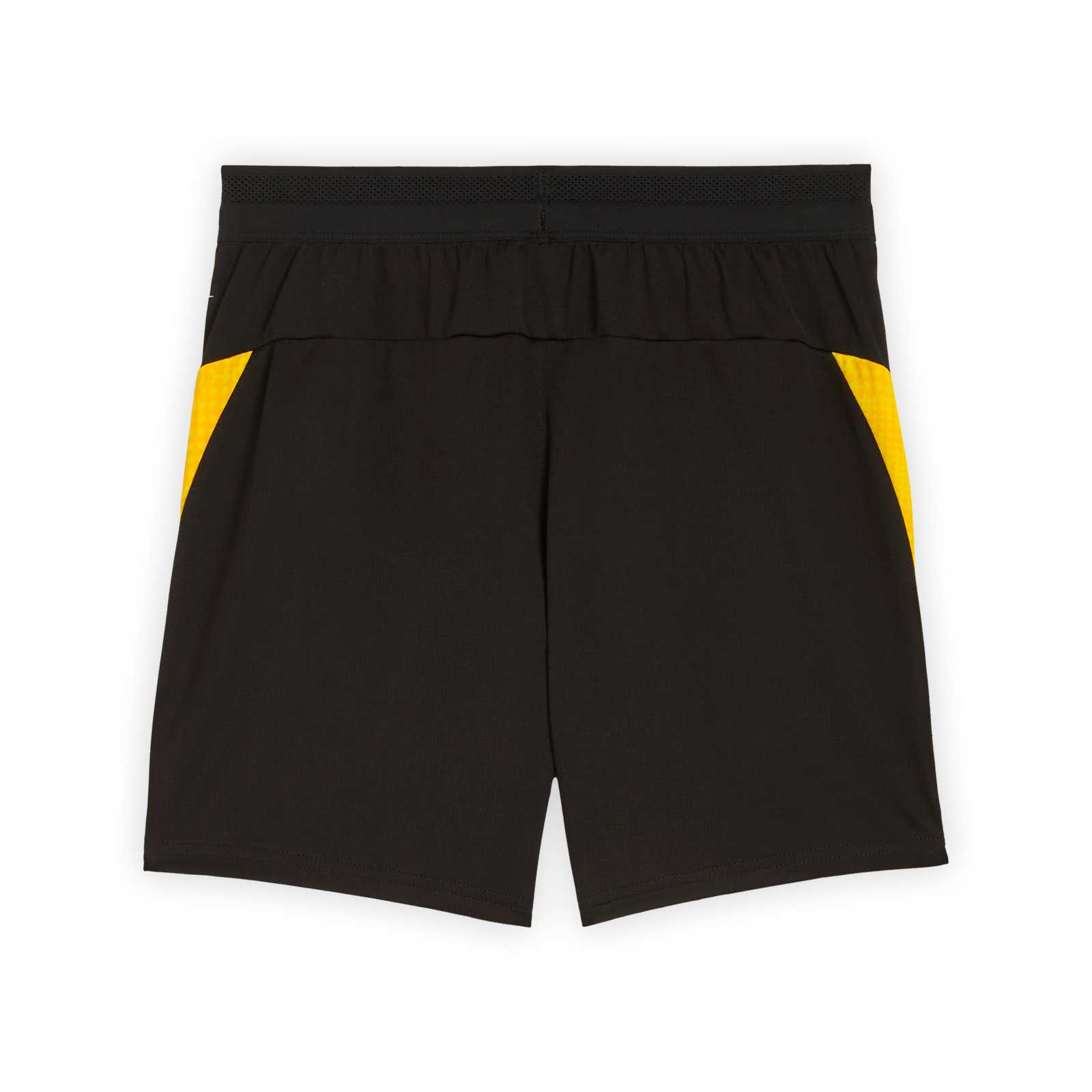 Rückansicht der schwarzen BVB-Trainingshort von PUMA mit gelben Streifen an den Taschen.