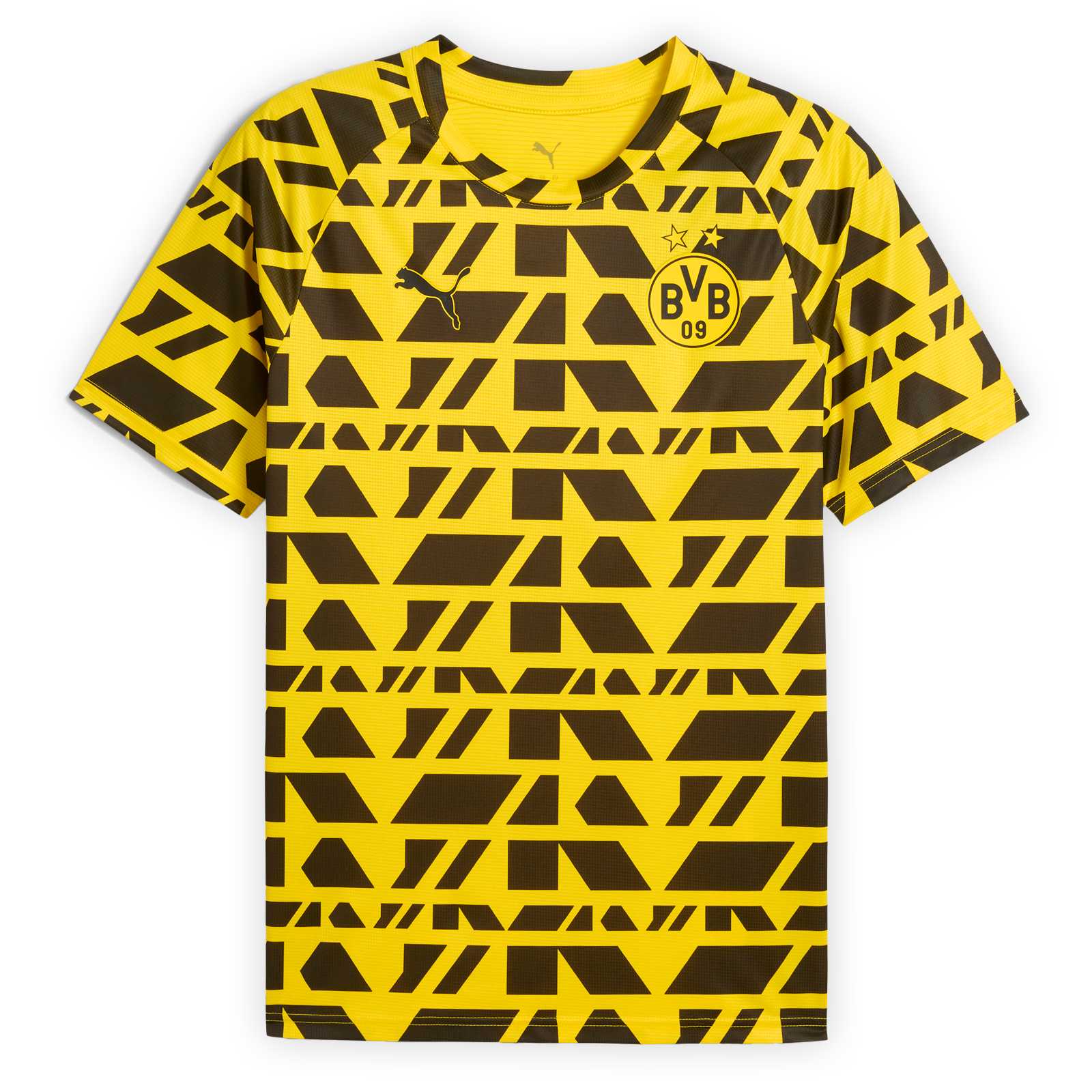 Vorderansicht des BVB Warm Up Shirts in kurzarm mit besonderem Muster über den gesamten Oberkörper und BVB-Emblem auf der linken Brust