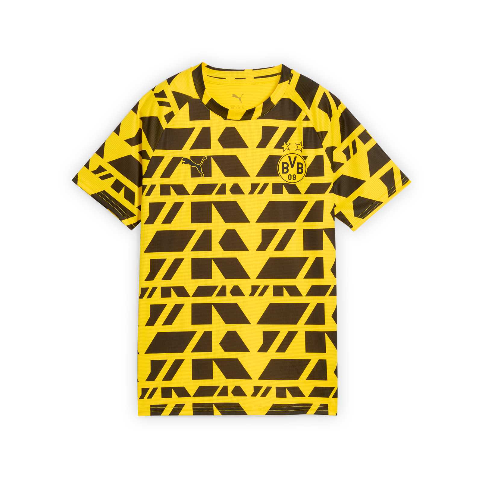 Vorderansicht des BVB Warm Up Kinder-Shirts in kurzarm mit besonderem Muster über den gesamten Oberkörper und BVB-Emblem auf der linken Brust