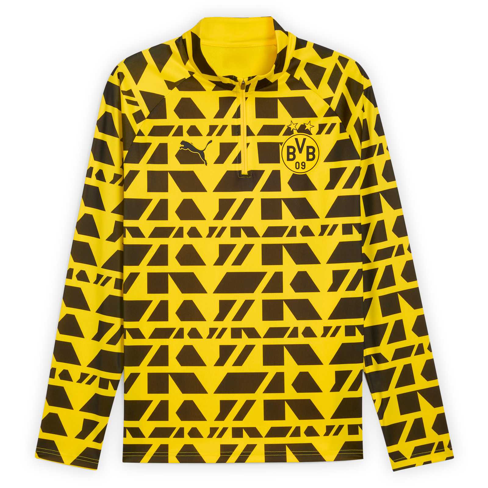 Vorderansicht des BVB Warm Up Zip-Shirts in langarm mit besonderem Muster über den gesamten Oberkörper und BVB-Emblem auf der linken Brust