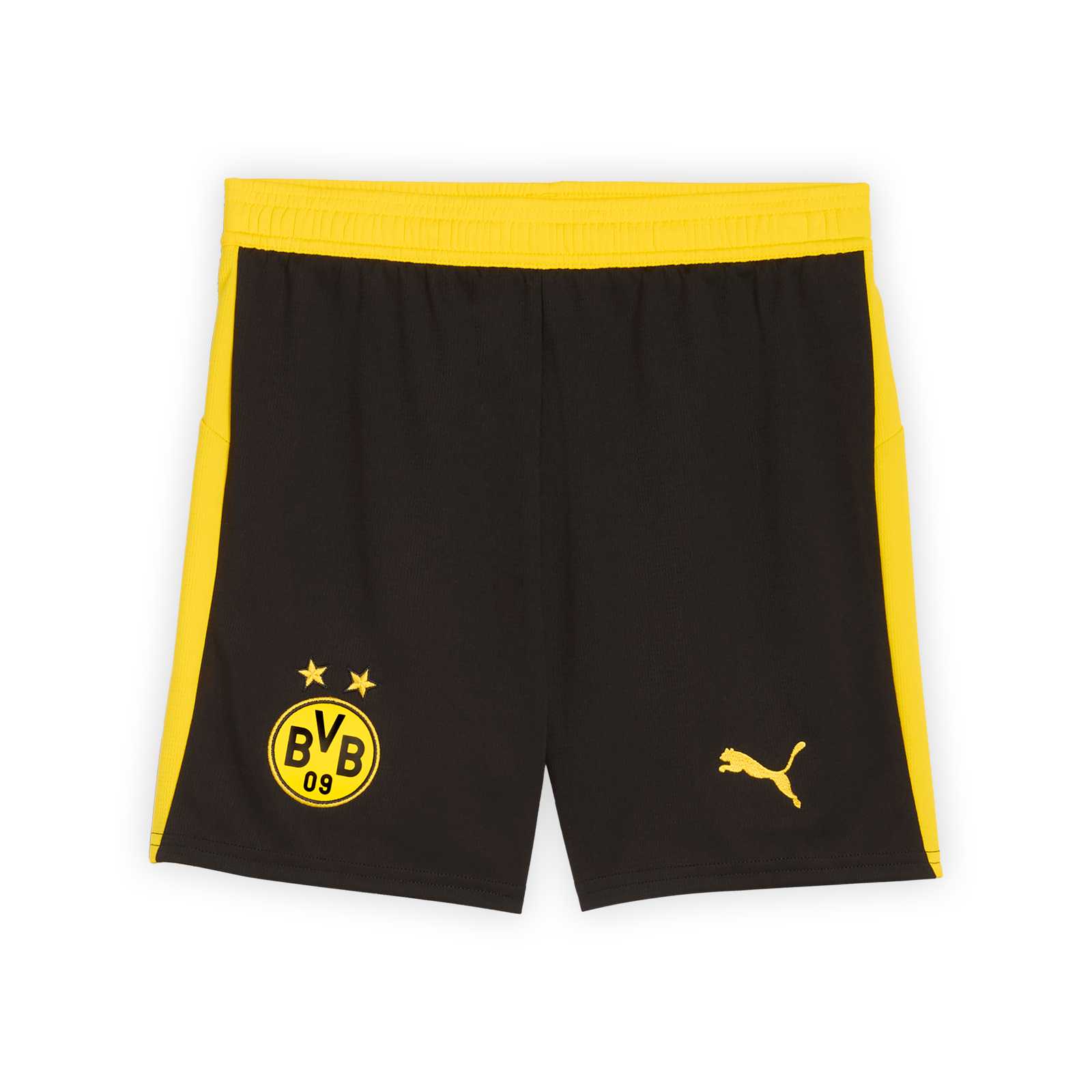 Vorderansicht der schwarzen BVB Trikothose 25/26 für Kinder mit gelbem Saum und gelbem Streifen an den Seiten, gelbem PUMA-Logo auf dem rechten und BVB-Logo auf dem linken Bein