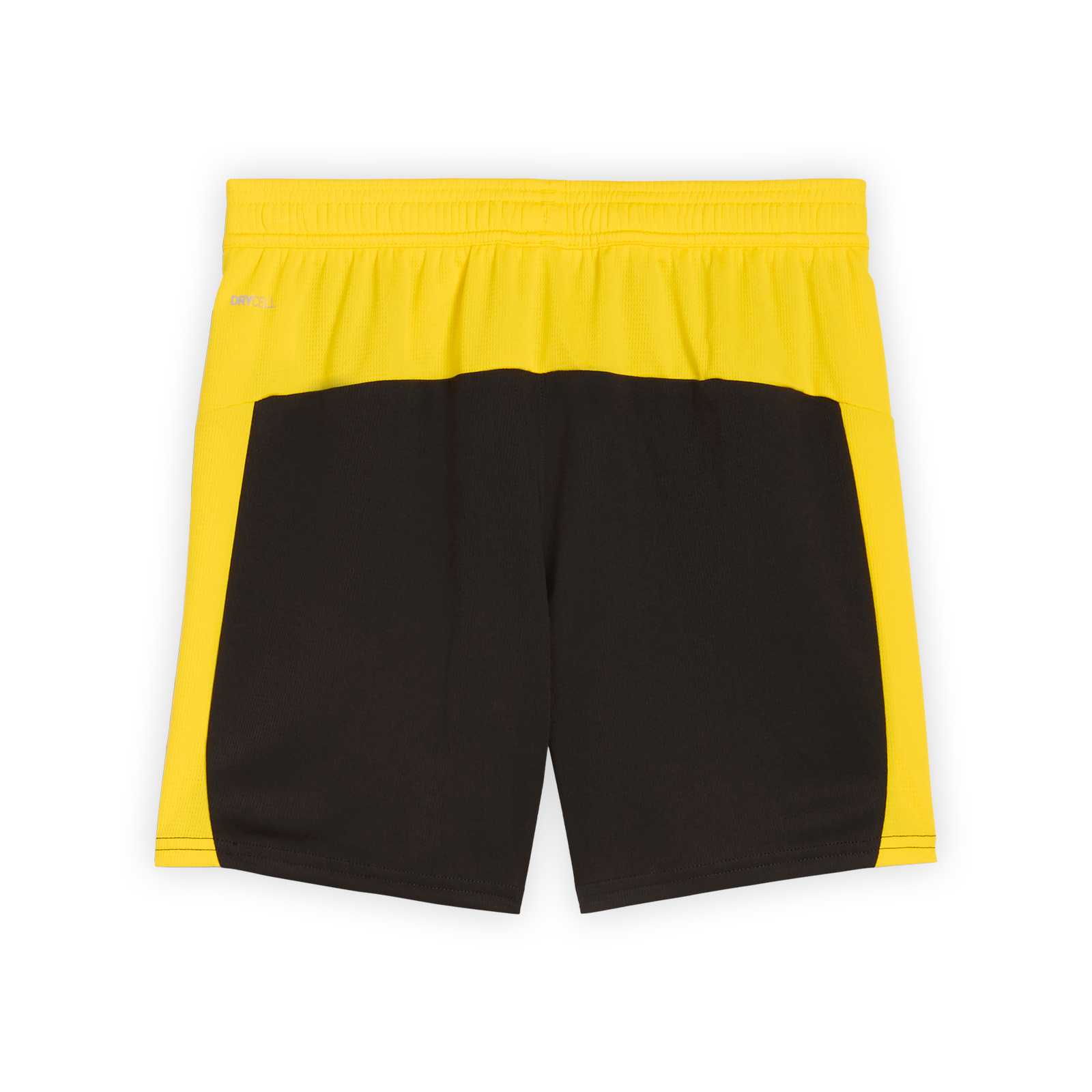 Rückansicht der schwarzen BVB Trikothose 25/26 für Kinder mit gelbem Saum und gelbem Streifen an den Seiten