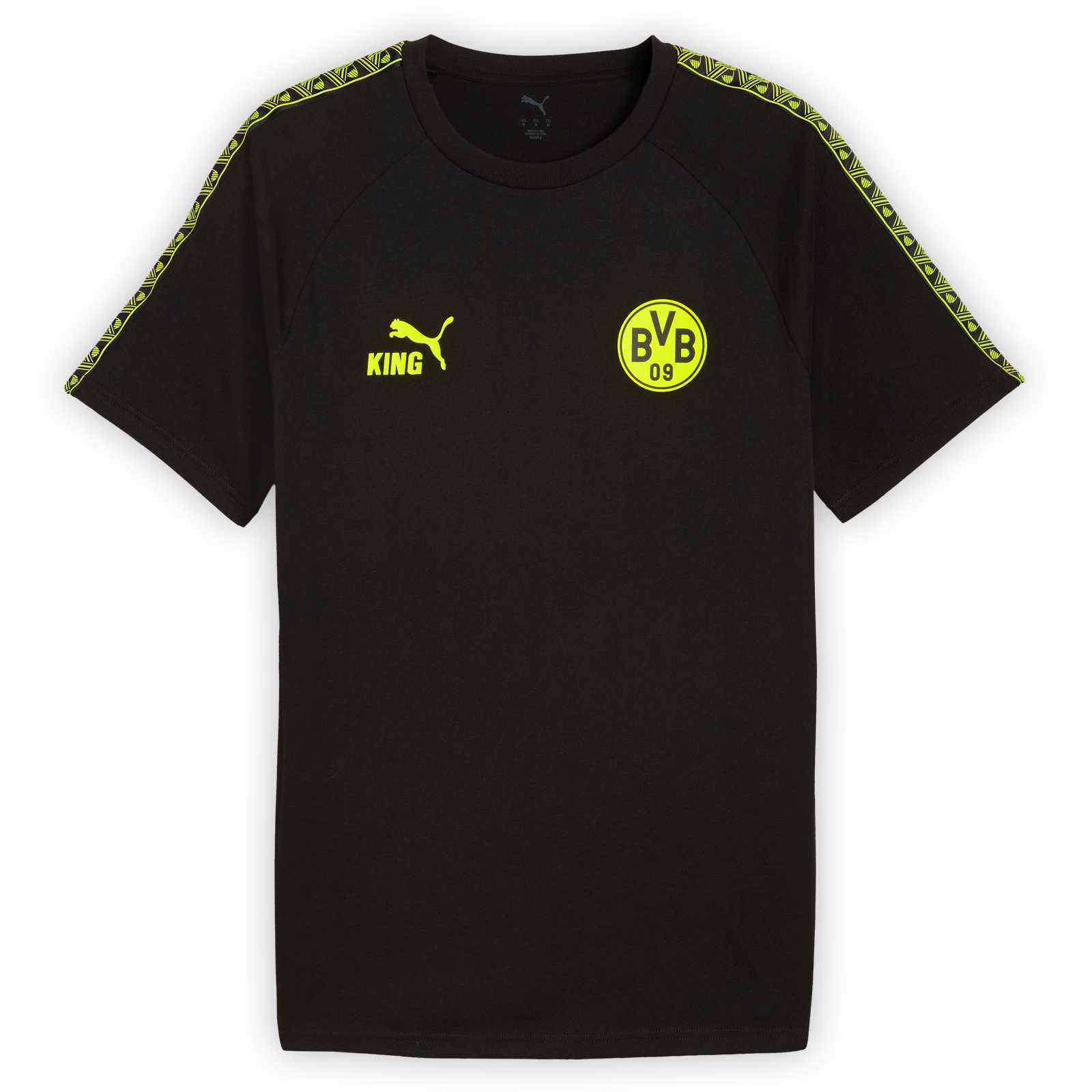 Vorderansicht des schwarzen PUMA King Shirts mit Neon-BVB-Emblem auf der Brust