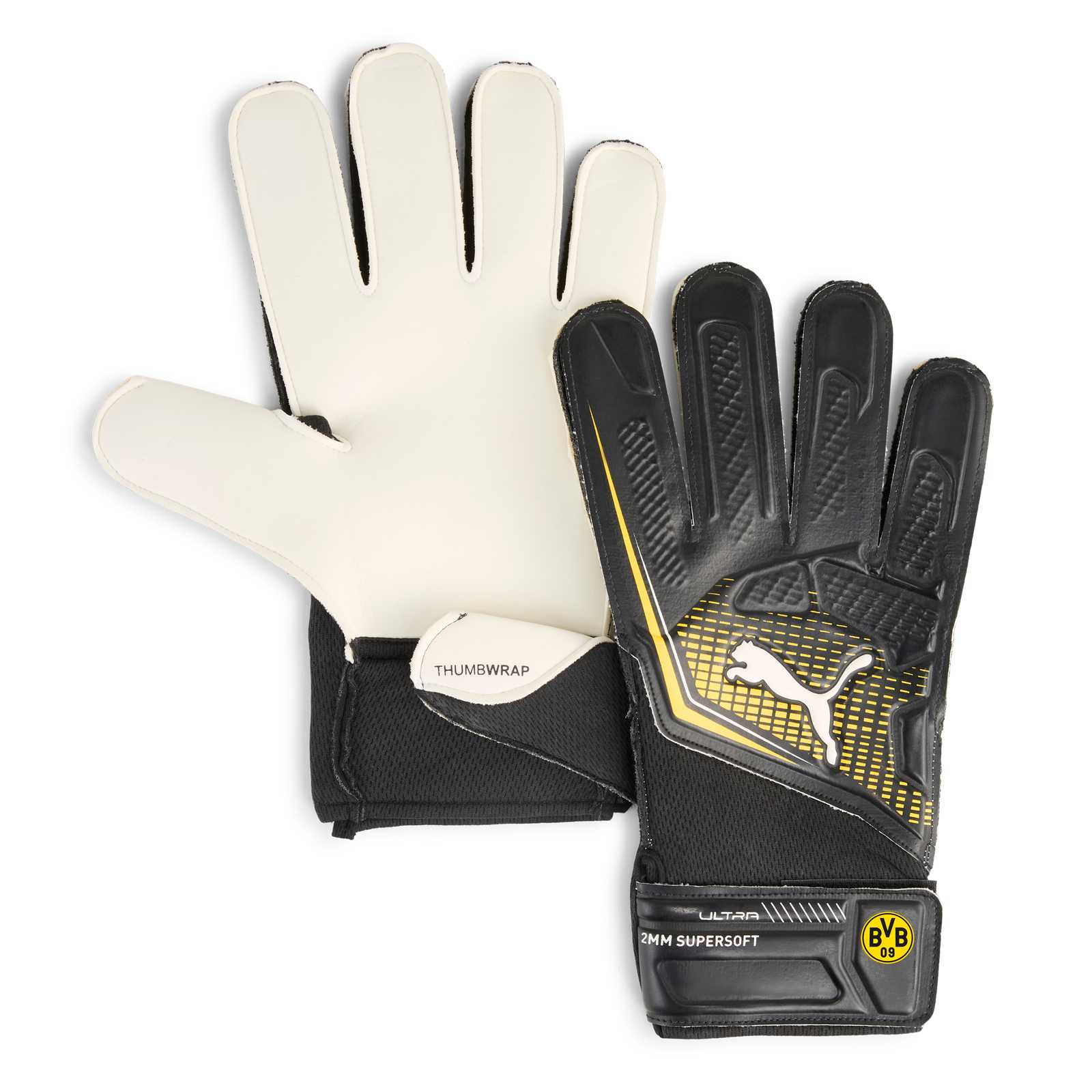 Die BVB Torwarthandschuhe nebeneinander, sodass man vom linken Handschuh die beige Innenseite und vom rechten hdnschuh die schwarze Außenseite mit gelbem Muster, BVB Logo und großem Puma Logo sehen kann.