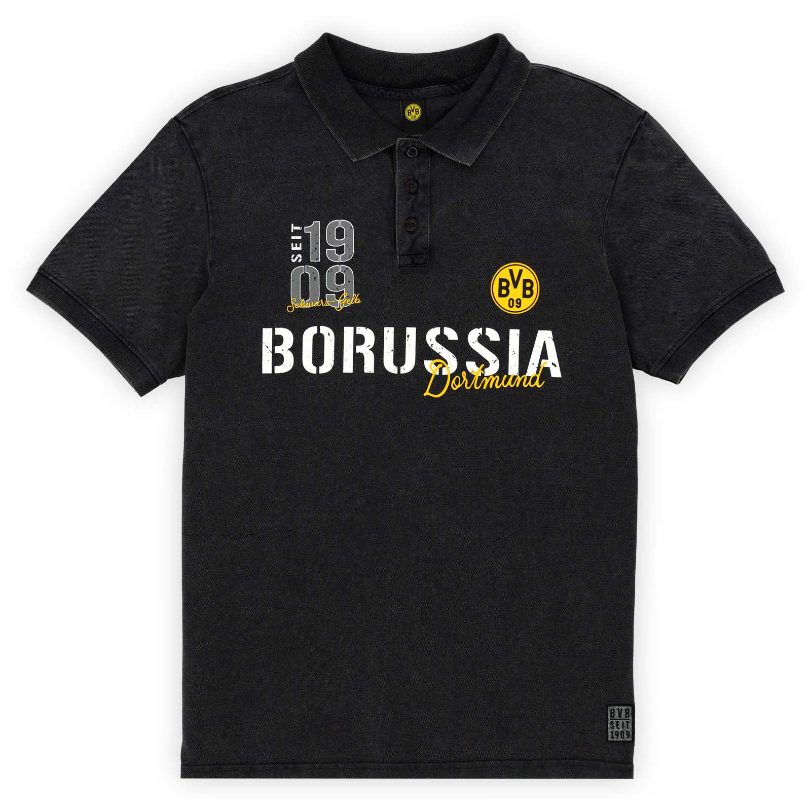 Vorderansicht des schwarzen Elements-Polo-Shirts mit verschiedenen Schriftzügen auf der Brust