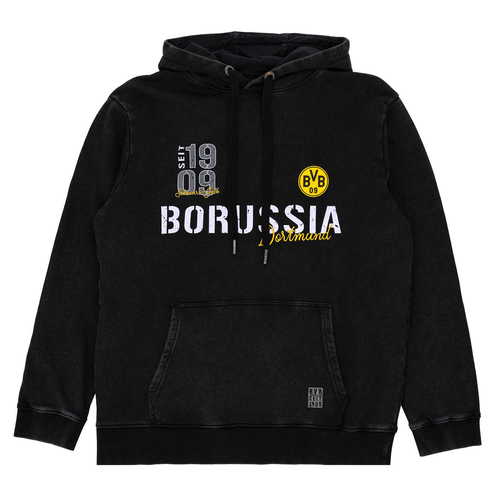 Vorderansicht des schwarzen Elements-Hoodies mit verschiedenen Schriftzügen auf der Brust