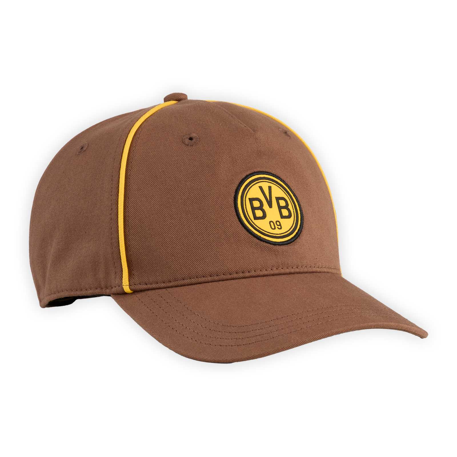 Vorderansicht der braunen PUMA King Kappe mit Retro-BVB-Emblem über dem Schirm