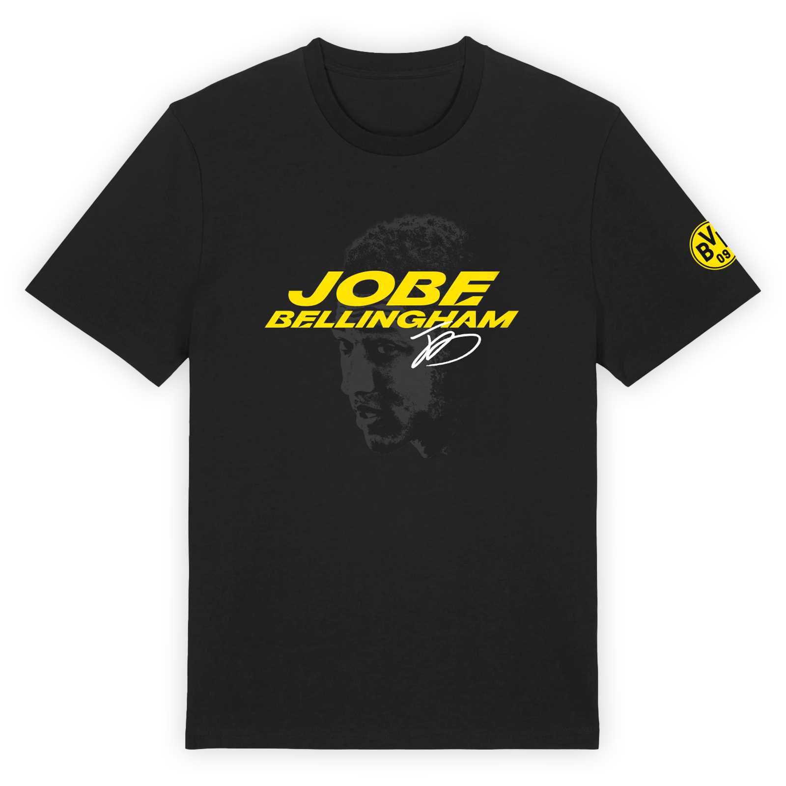 Vorderansicht des Spielershirts von Jobe Bellingham mit seiner Signatur und BVB-Emblem