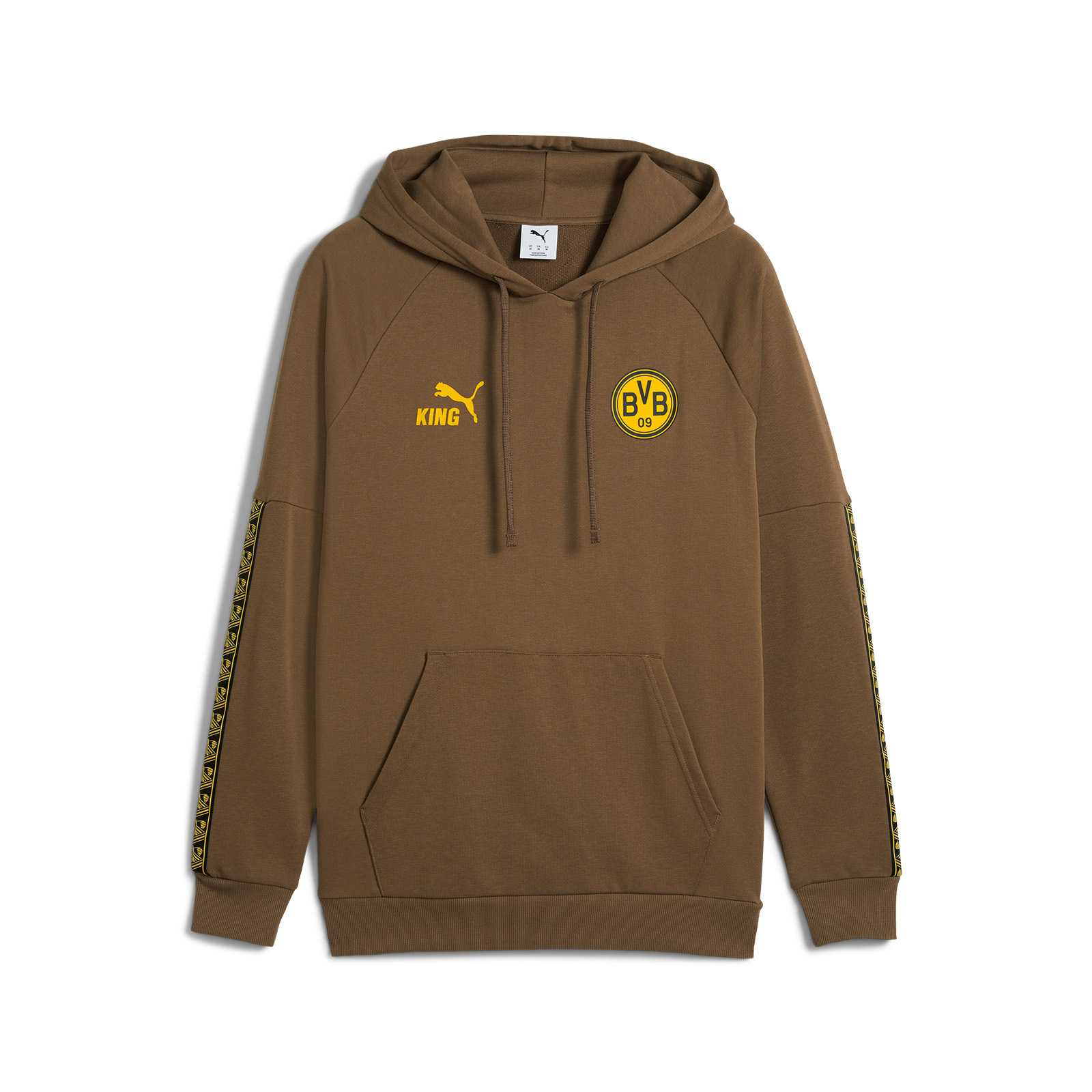 Vorderansicht des braunen PUMA King Hoodies mit Retro-BVB-Emblem auf der Brust