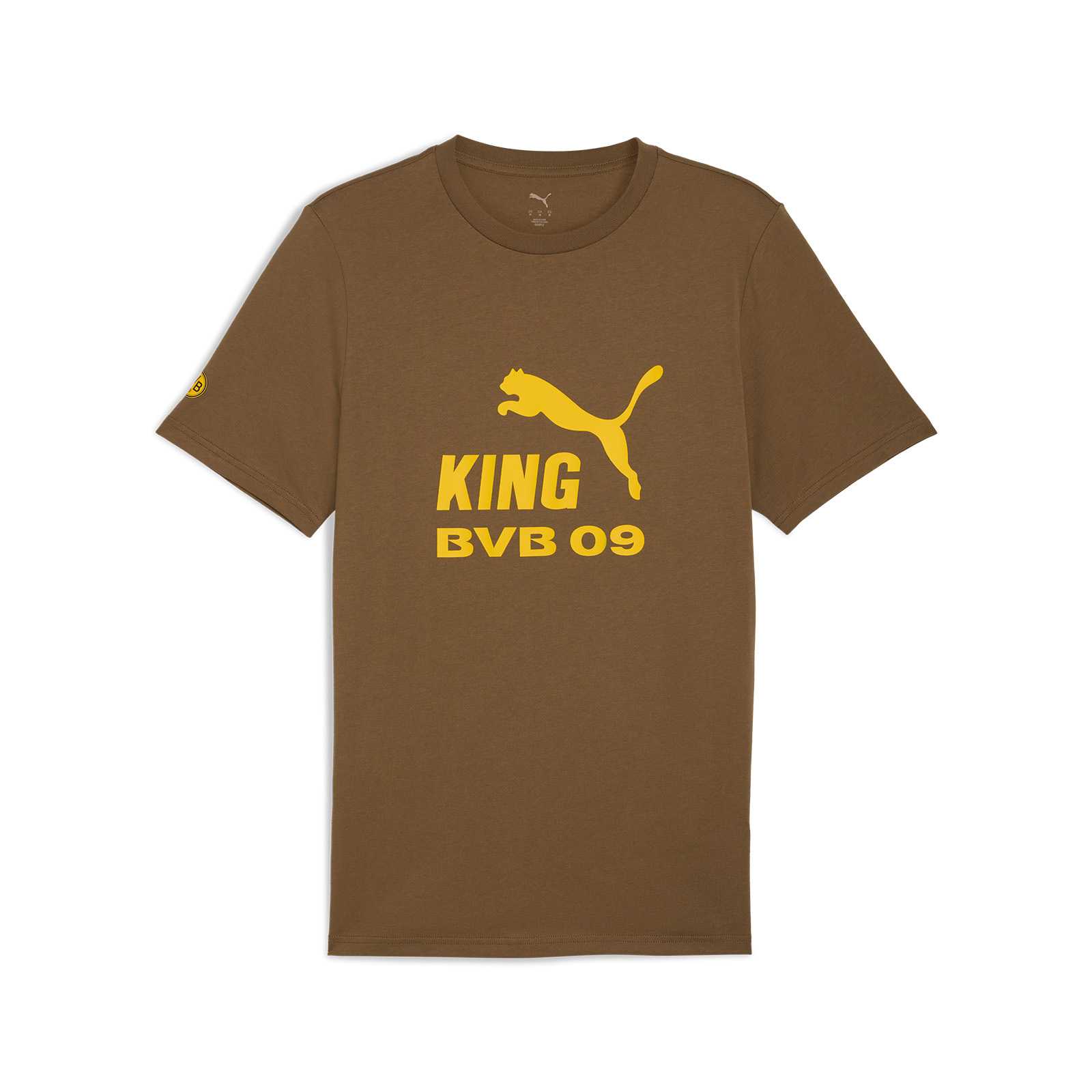 Vorderansicht des braunen PUMA King T-Shirt mit gelber PUMA-Katze und King- und BVB09-Schriftzug auf der Brust