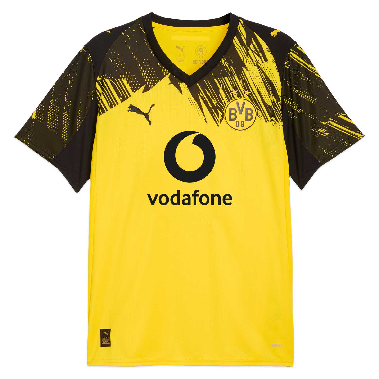 Vorderansicht des gelben BVB Heimtrikots 25/26 mit schwarzem Schraffurmuster auf den Ärmeln und im Kragenbereich, V-Ausschnitt, Vodafone-Logo mittig auf dem Brustbereich, darüber links das PUMA-Logo und rechts das BVB-Logo