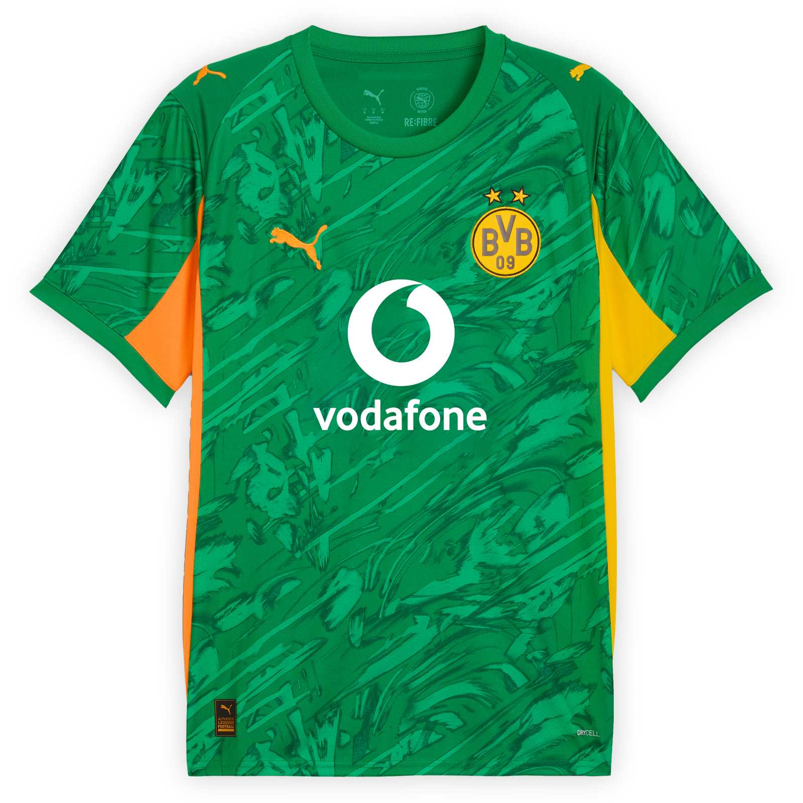Vorderansicht des grünen BVB Torwarttrikots 25/26 mit abstraktem Muster in verschiedenen Grüntönen, gelbem und orangenem Streifen an der Seite, weißem Vodafone-Logo auf der Brust und orangenen PUMA-Logo und BVB-Logo darüber