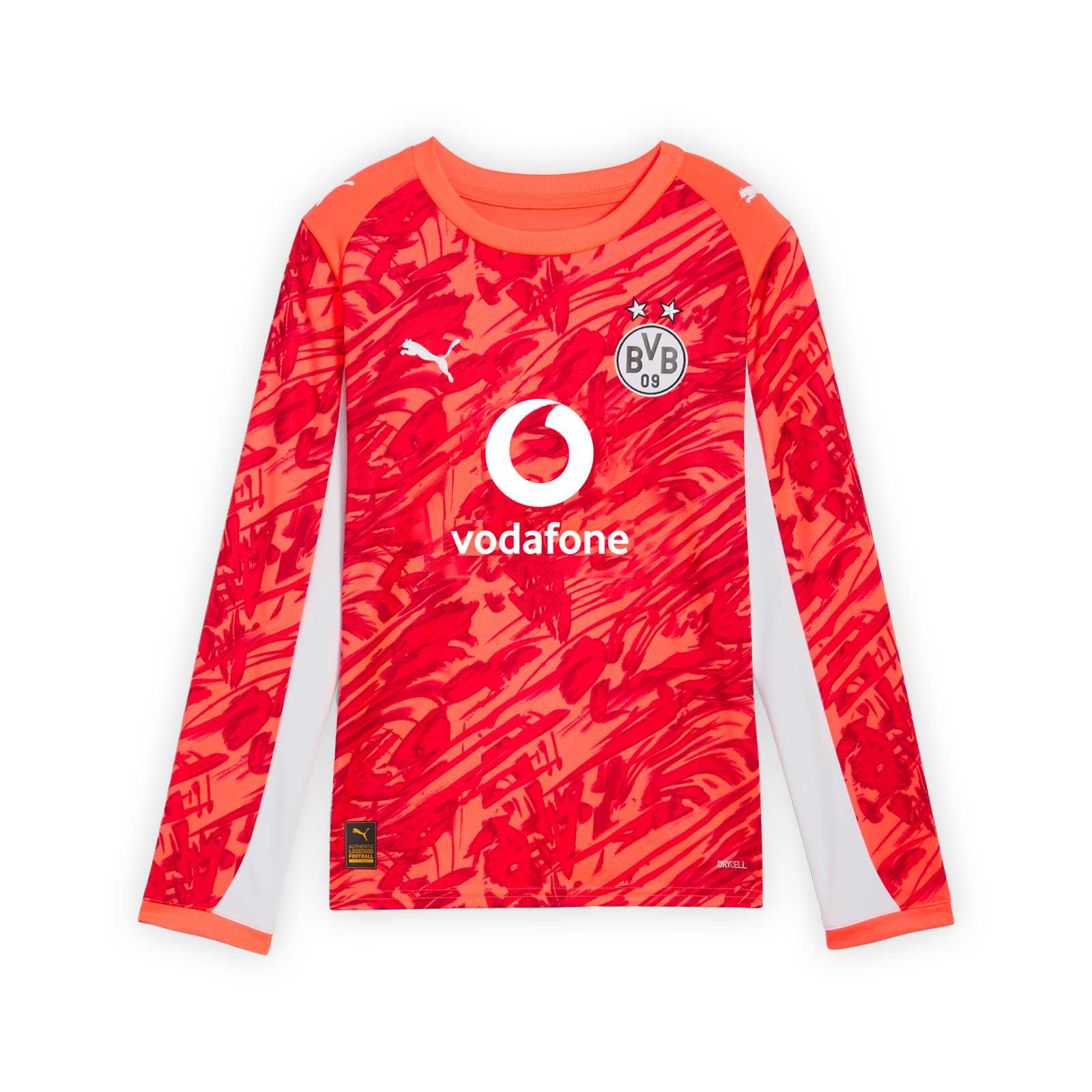 Vorderansicht des langärmeligen roten BVB Torwarttrikots 25/26 für Kinder mit abstraktem Muster in verschiedenen Rottönen, weißen Streifen an den Seiten, weißem Vodafone-Logo auf der Brust und dem weißen PUMA-Logo und dem BVB-Logo in Silber darüber