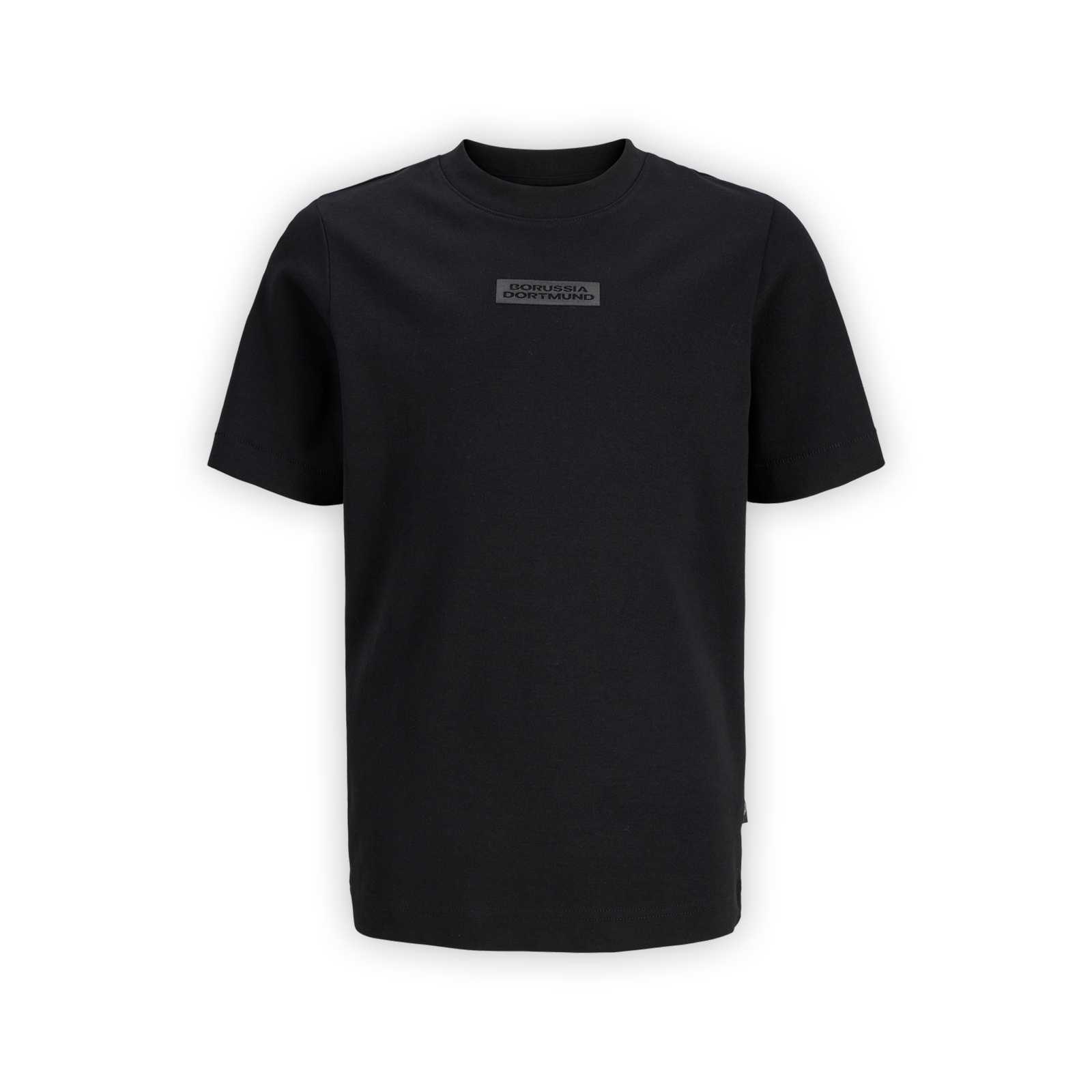 Vorderansicht des schwarzen BVB-Kinder-T-Shirts aus der Essentials-Kollektion mit dezentem "Borussia Dortmund"-Schriftzug auf der Brust.