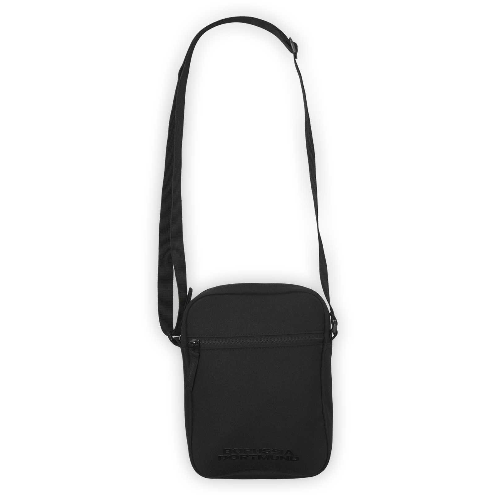 Vorderansicht einer schwarze Schultertasche mit Reißverschluss und langem Tragegurt.