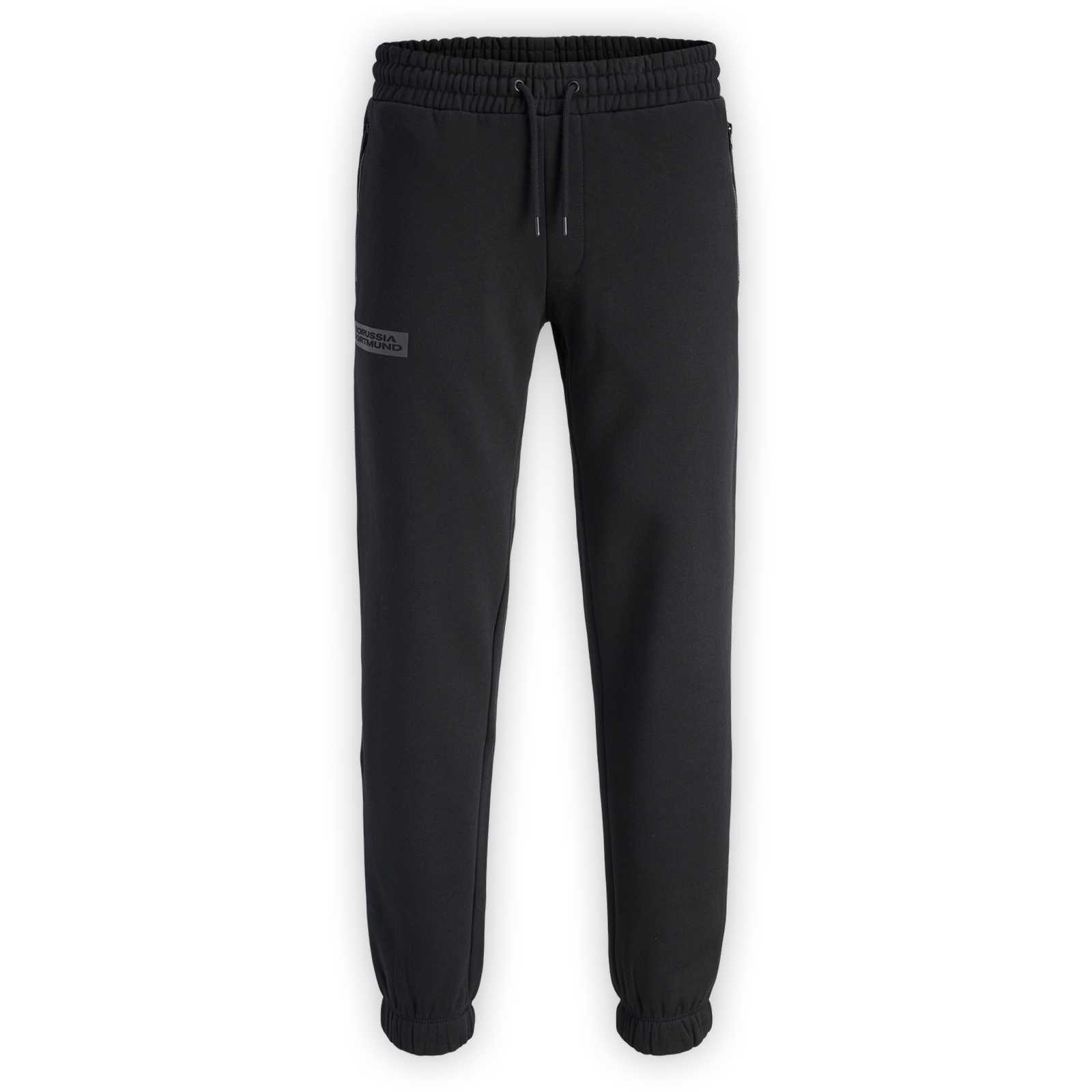 Vorderansicht einer schwarze Jogginghose mit Gummizug am Bund und an den Füßen. Mit zwei Hosentaschen mit Reißverschluss.