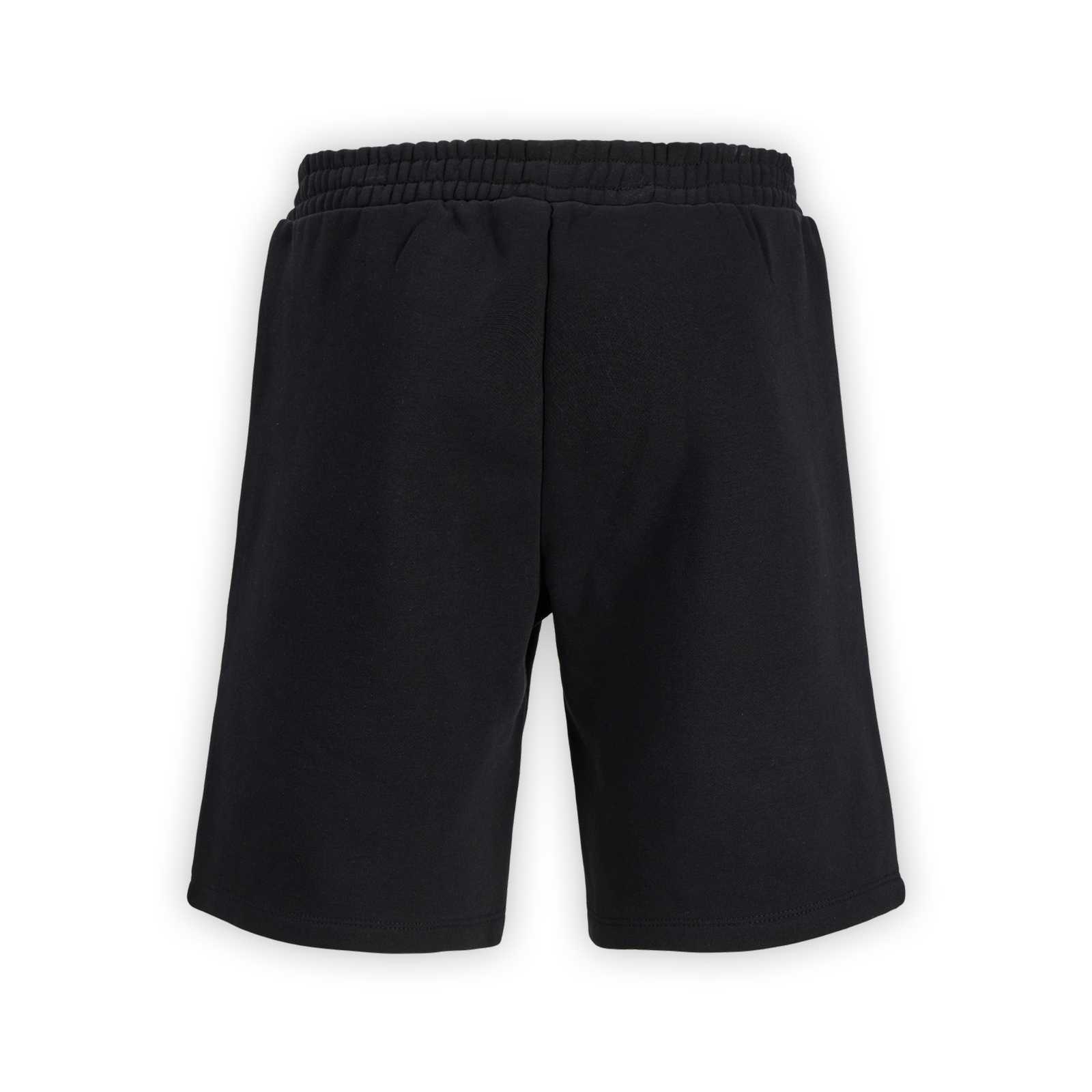 Rückansicht einer schwarze Shorts mit Gummizug am Bund und an den Füßen.