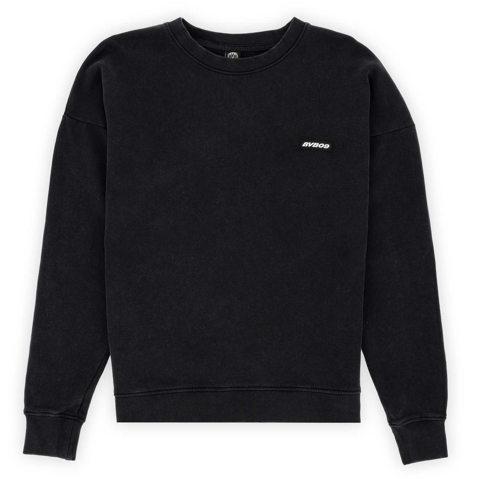 Vorderansicht des Crewneck-Sweatshirts mit kleinem weißen BVB09-Aufdruck auf der Brust
