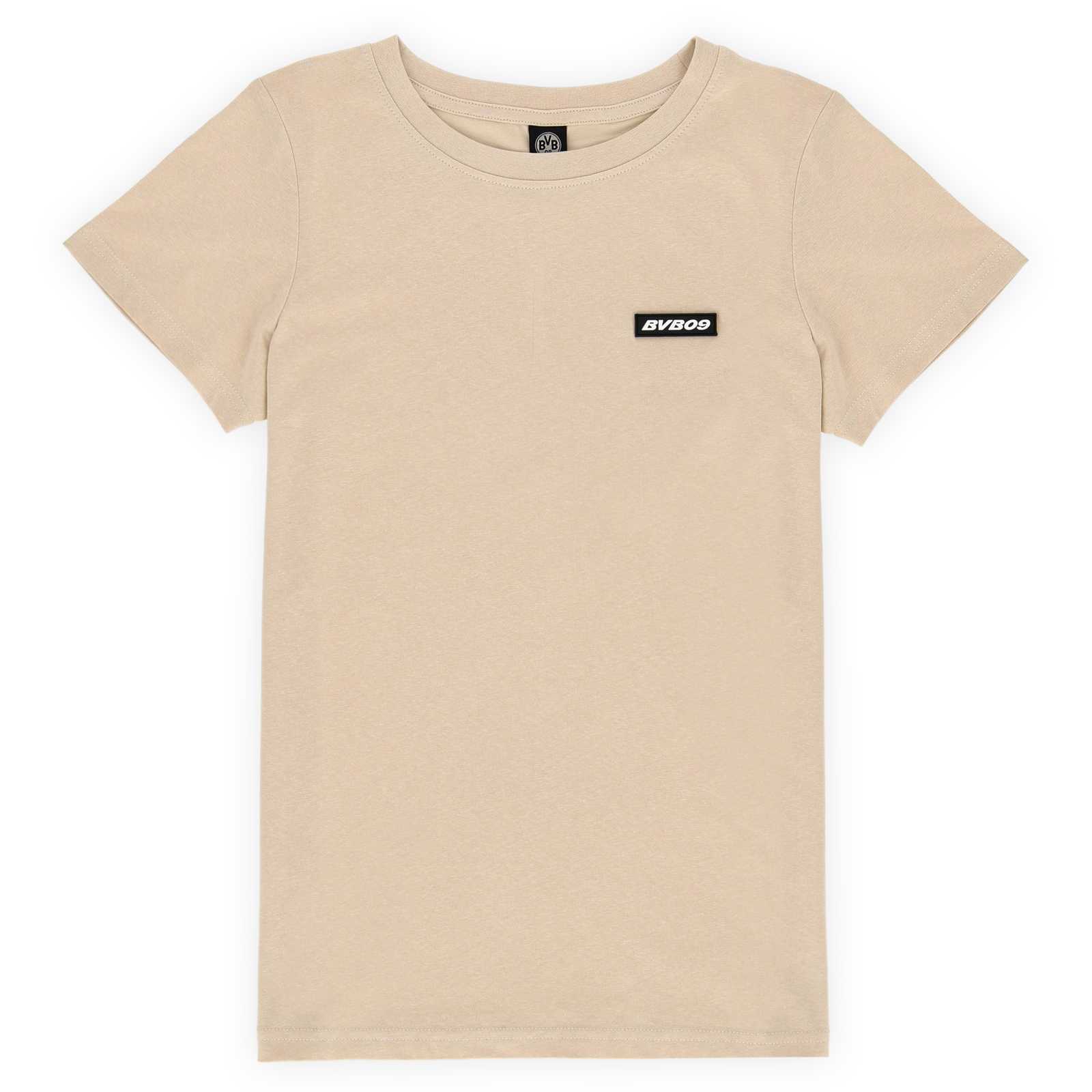 Vorderansicht des beigen Essentials T-Shirt mit schwarz-grauem BVB09-Badge