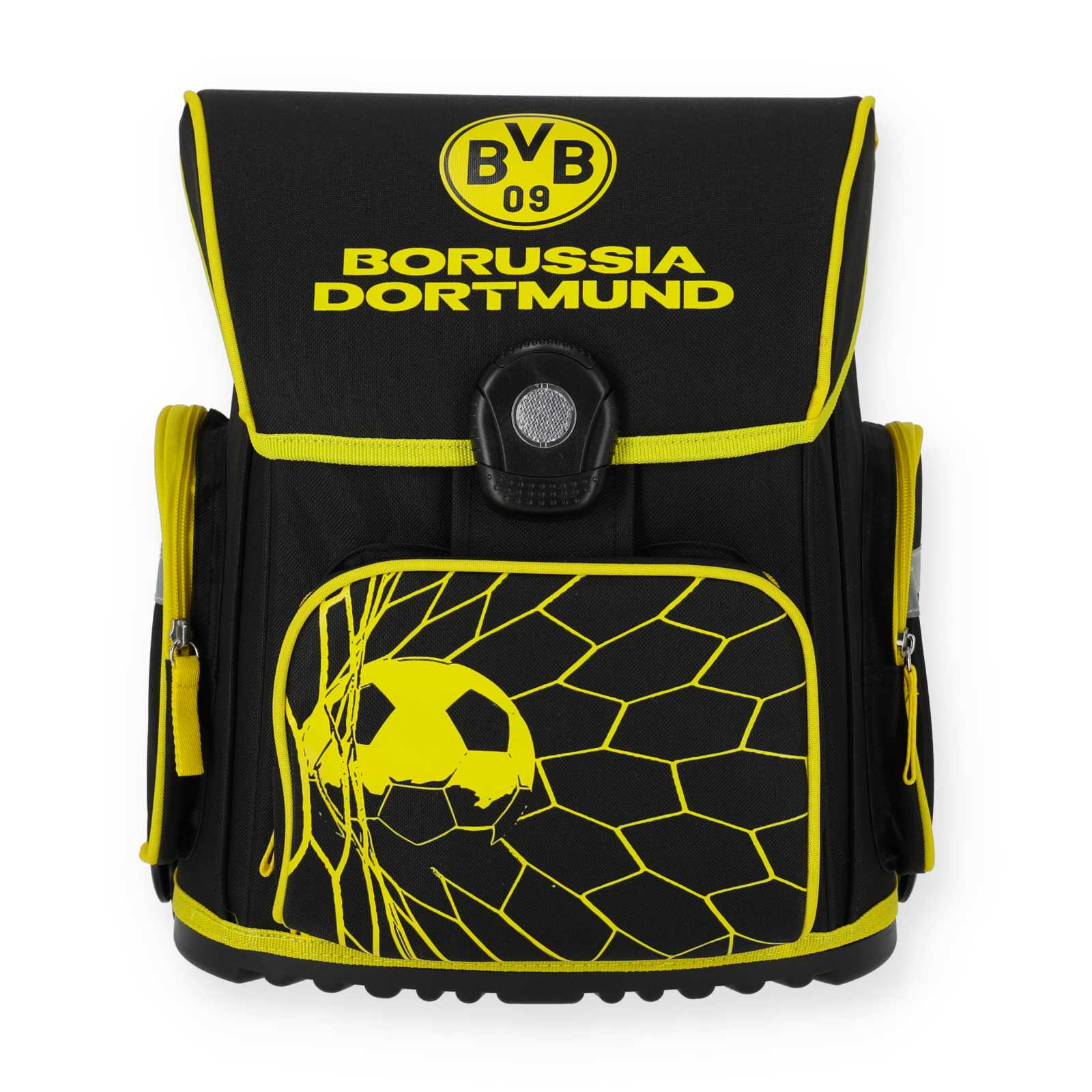 Vorderansicht des gelbschwarzen BVB-Tornisters mit Tornetz-Muster