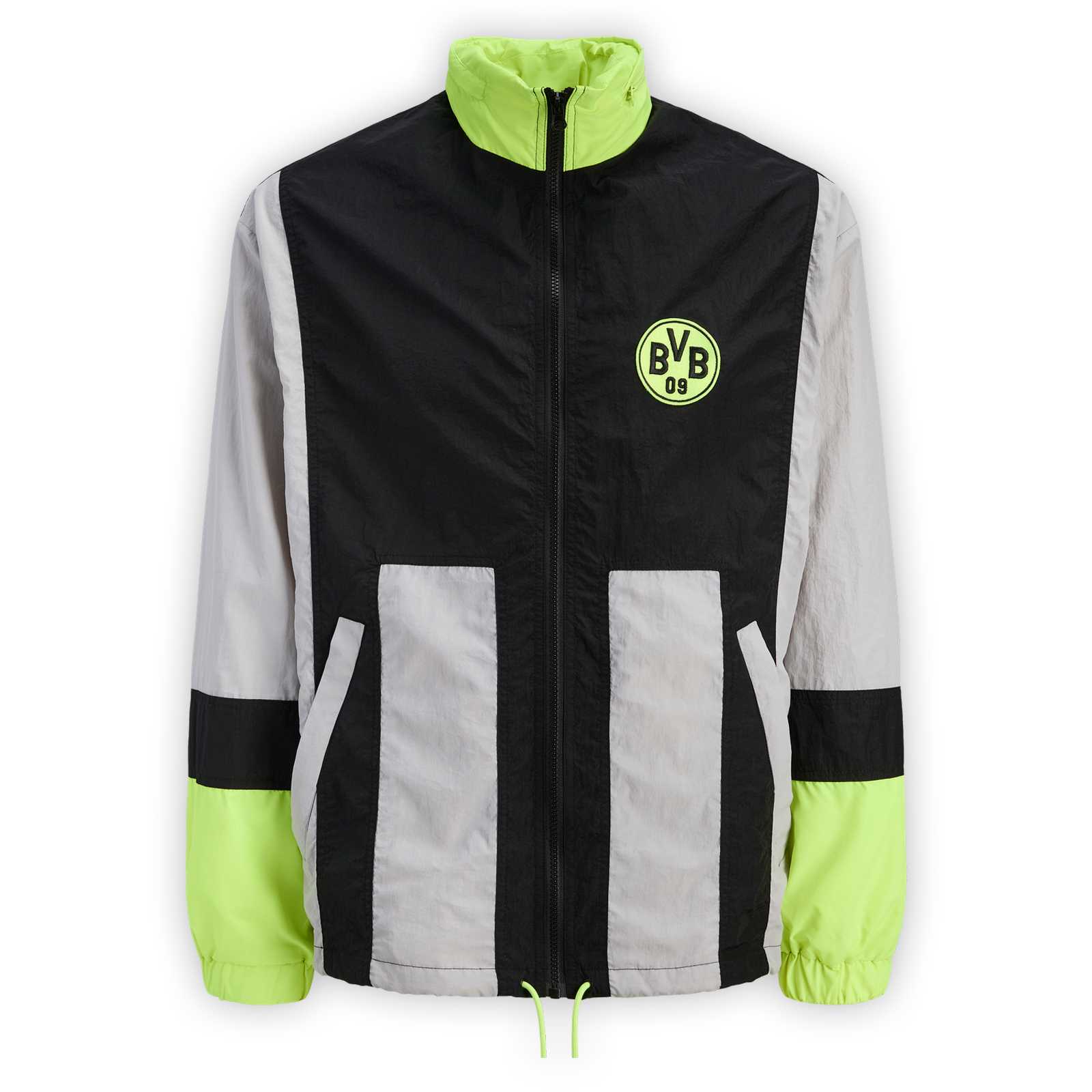 Vorderansicht des Windbreakers mit grauen Ärmeln und Neon-Emblem