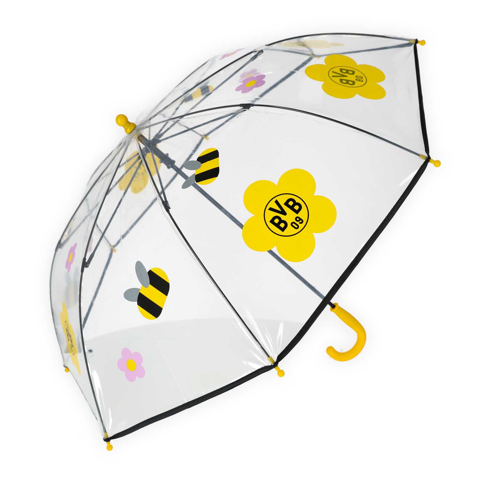 Der aufgeklappte Regenschirm hat eine durchsichtige Schirm-Fläche mit Bienen-Aufdrucken und BVB-Emblemen in gelben Blumen