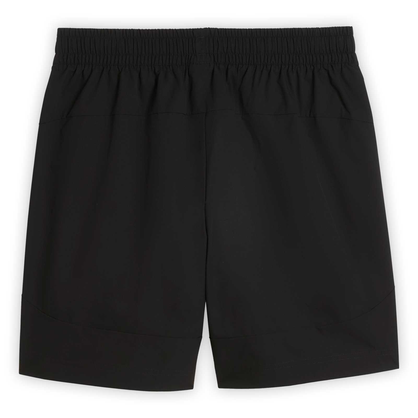 Rückansicht der BVB PUMA Tech Relaxed Short (schwarz) mit gelbem Akzenten und gelbem BVB-Emblem und Puma-Logo.