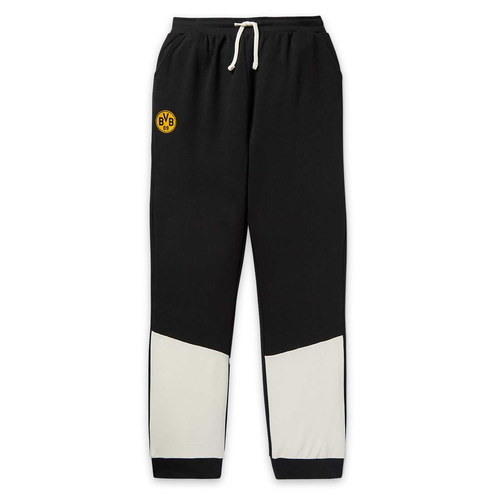 Vorderansicht der schwarzweißen BVB-Kinder-Sweatpants im Colorblock-Design mit elastischem Bund, weißem Kordelzug und BVB-Logo auf dem linken Bein.