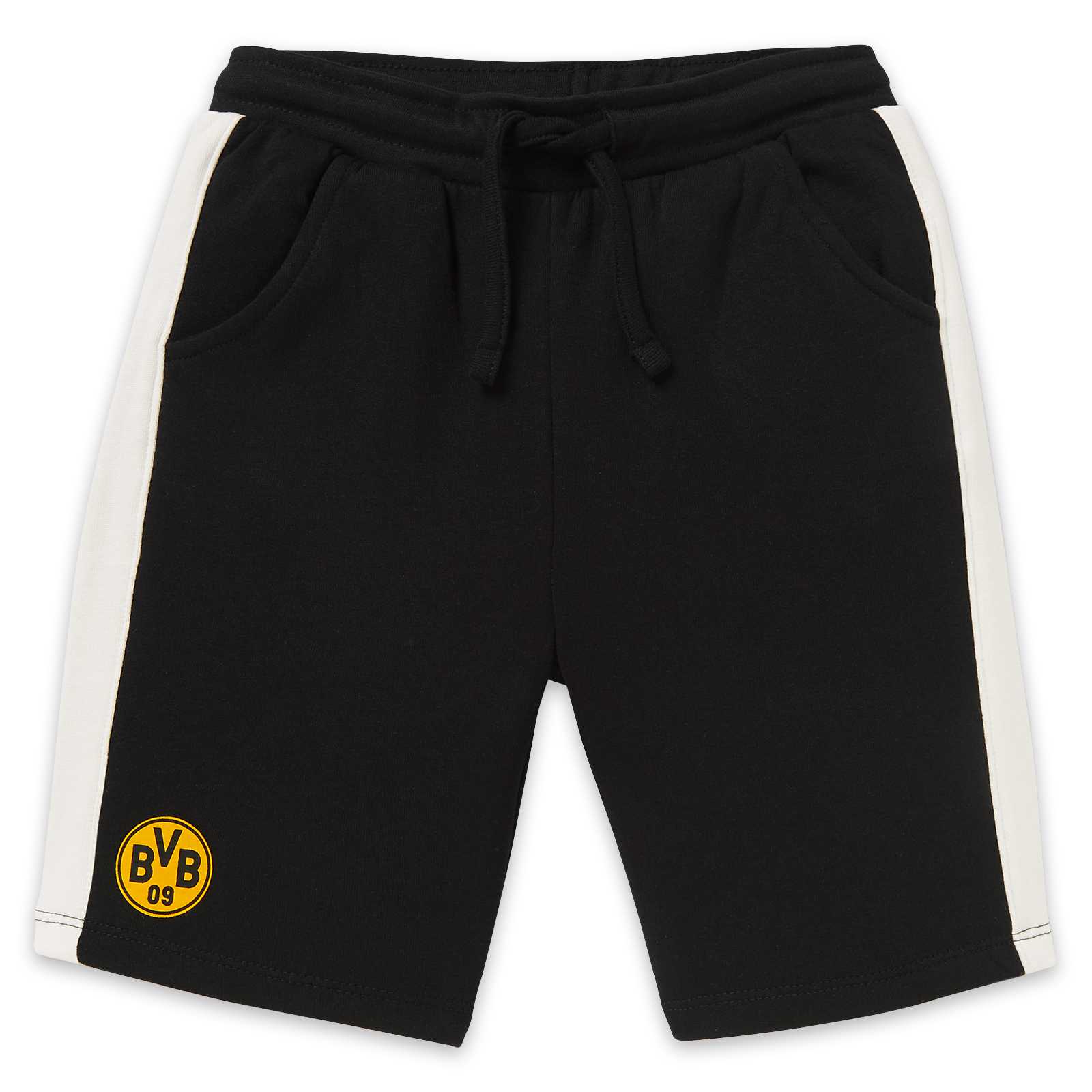 Vorderansicht der schwarzweißen BVB-Kinder-Sweatshorts im Colorblock-Design mit elastischem Bund, schwarzem Kordelzug und BVB-Logo auf dem linken Bein.