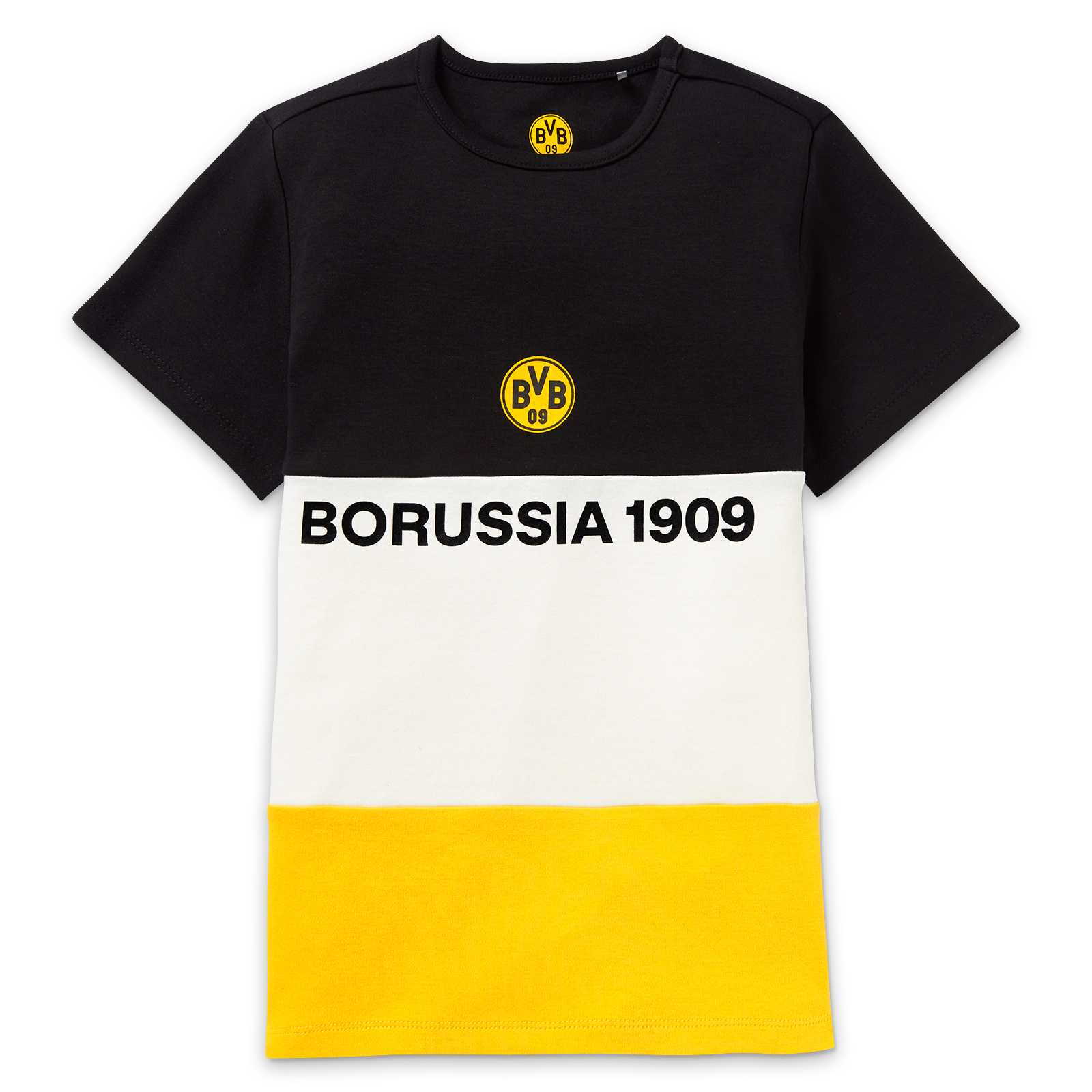 Vorderansicht des schwarzweißgelben BVB-Kinder-Shirts im Colorblock-Design mit Schriftzug "Borussia 1909" und BVB-Logo auf der Brust.