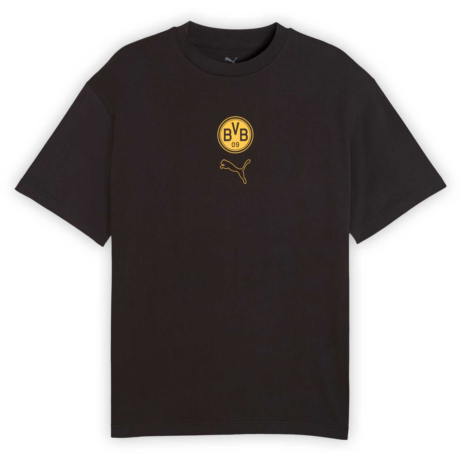 Vorderansicht des schwarzen BVB FtblStatement Cellerator T-Shirts mit sichtbarem gelbem BVB-Emblem sowie PUMA-Logo auf der Brust.