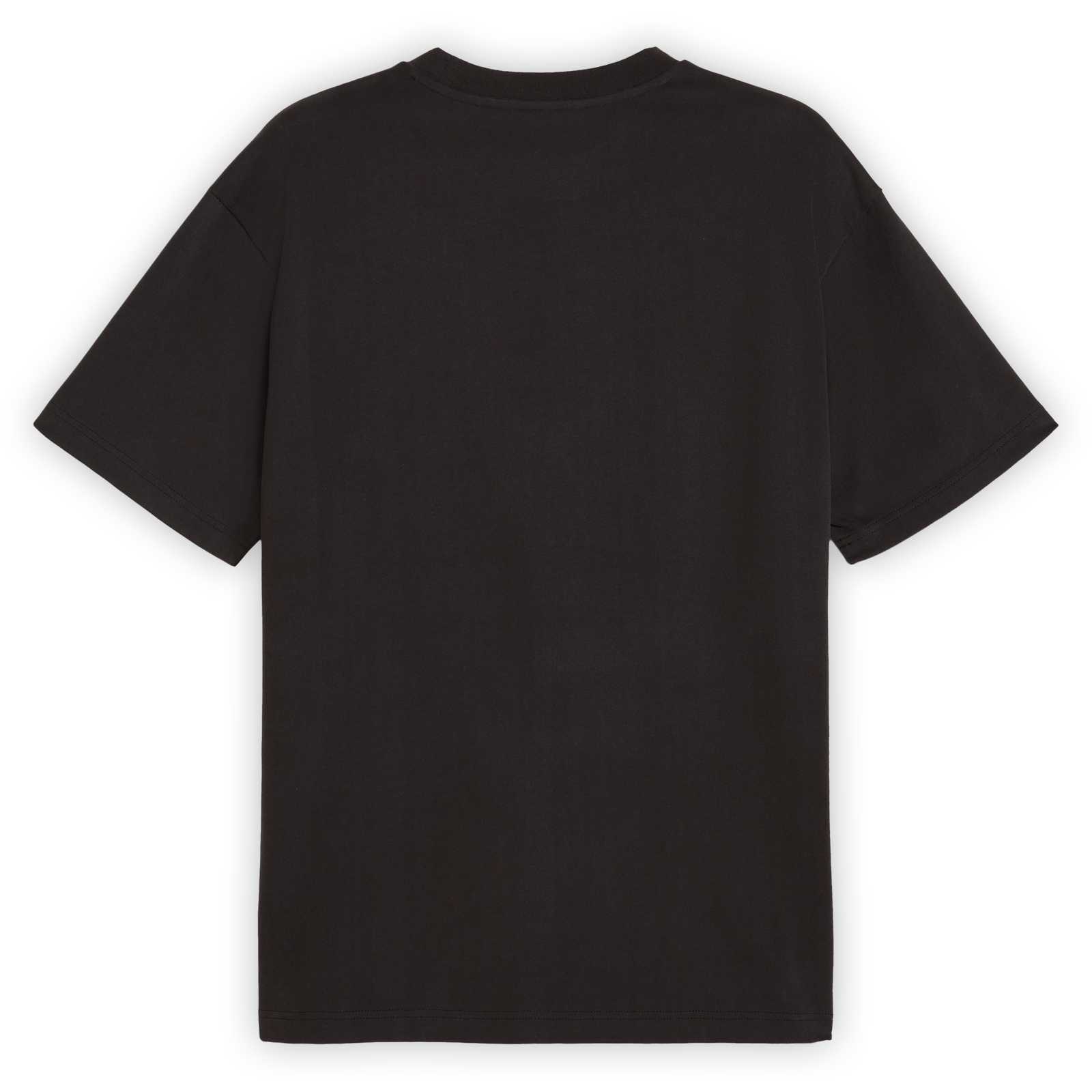 Rückansicht des schwarzen BVB FtblStatement Cellerator T-Shirts mit sichtbarem gelbem BVB-Emblem sowie PUMA-Logo auf der Brust von Vorne.