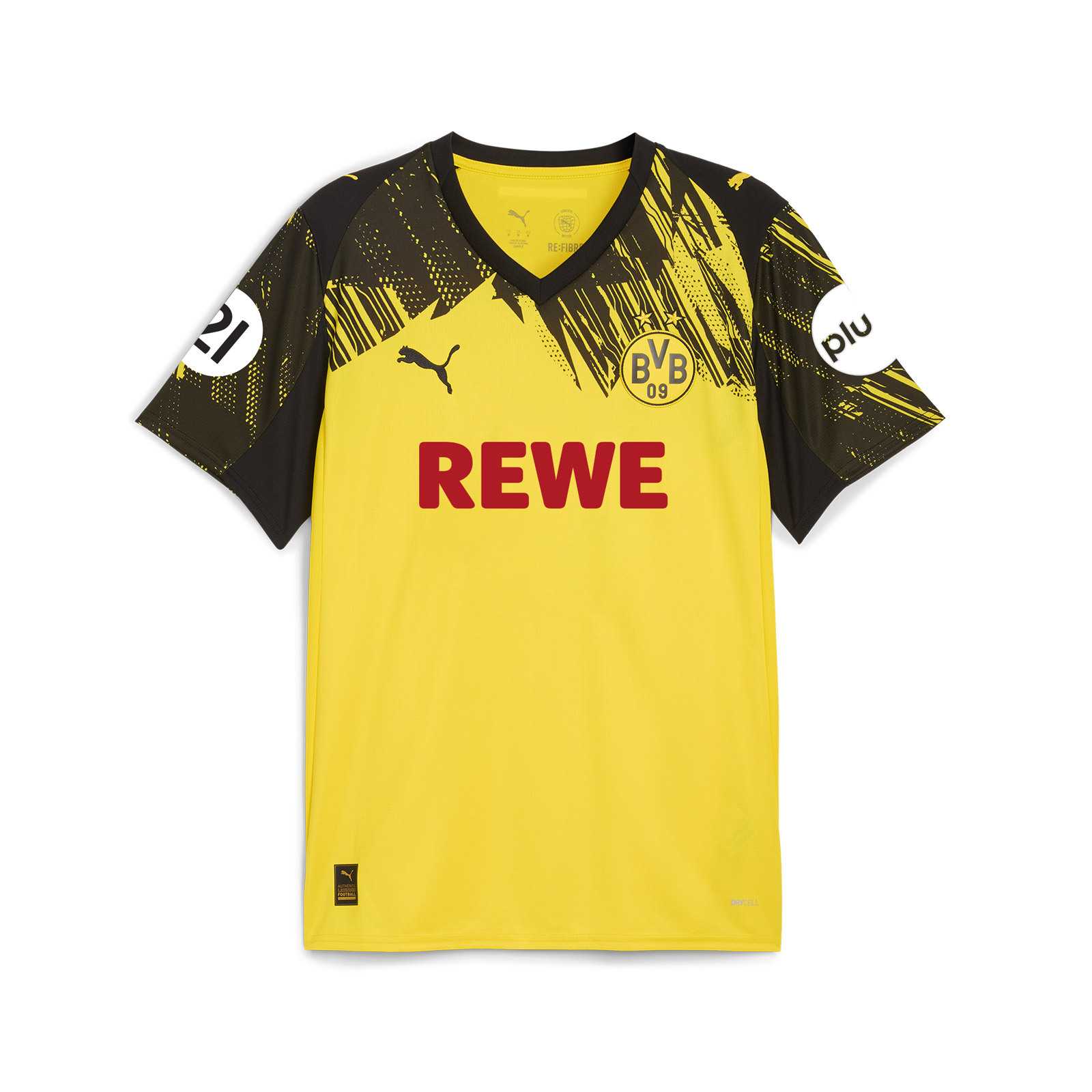 Vorderansicht des gelben BVB Heimtrikots 25/26 Frauenfußball mit schwarzem Schraffurmuster auf den Ärmeln und im Kragenbereich. Mit Rewe-Logo auf der Brust, darüber links das PUMA-Logo und rechts das BVB-Logo, Pluto- und DSW21-Logos auf den Ärmeln