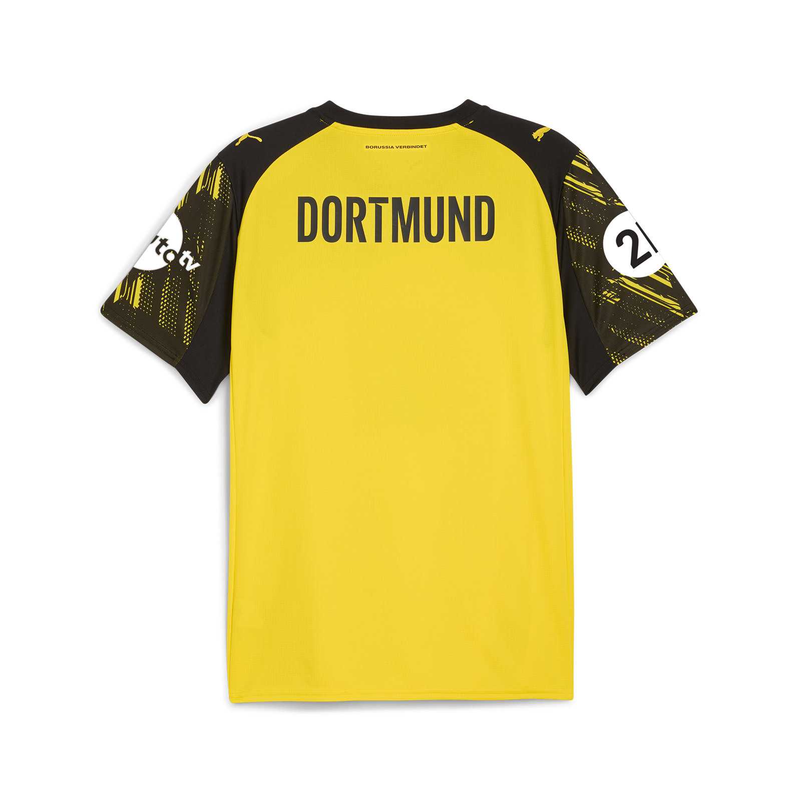 Rückansicht des gelben BVB-Heimtrikot 25/26 Frauenfußball mit schwarzem Schraffurmuster auf den Ärmeln und schwarzem DORTMUND-Schriftzug auf dem oberen Rücken und Pluto- und DSW21-Logos auf den Ärmeln